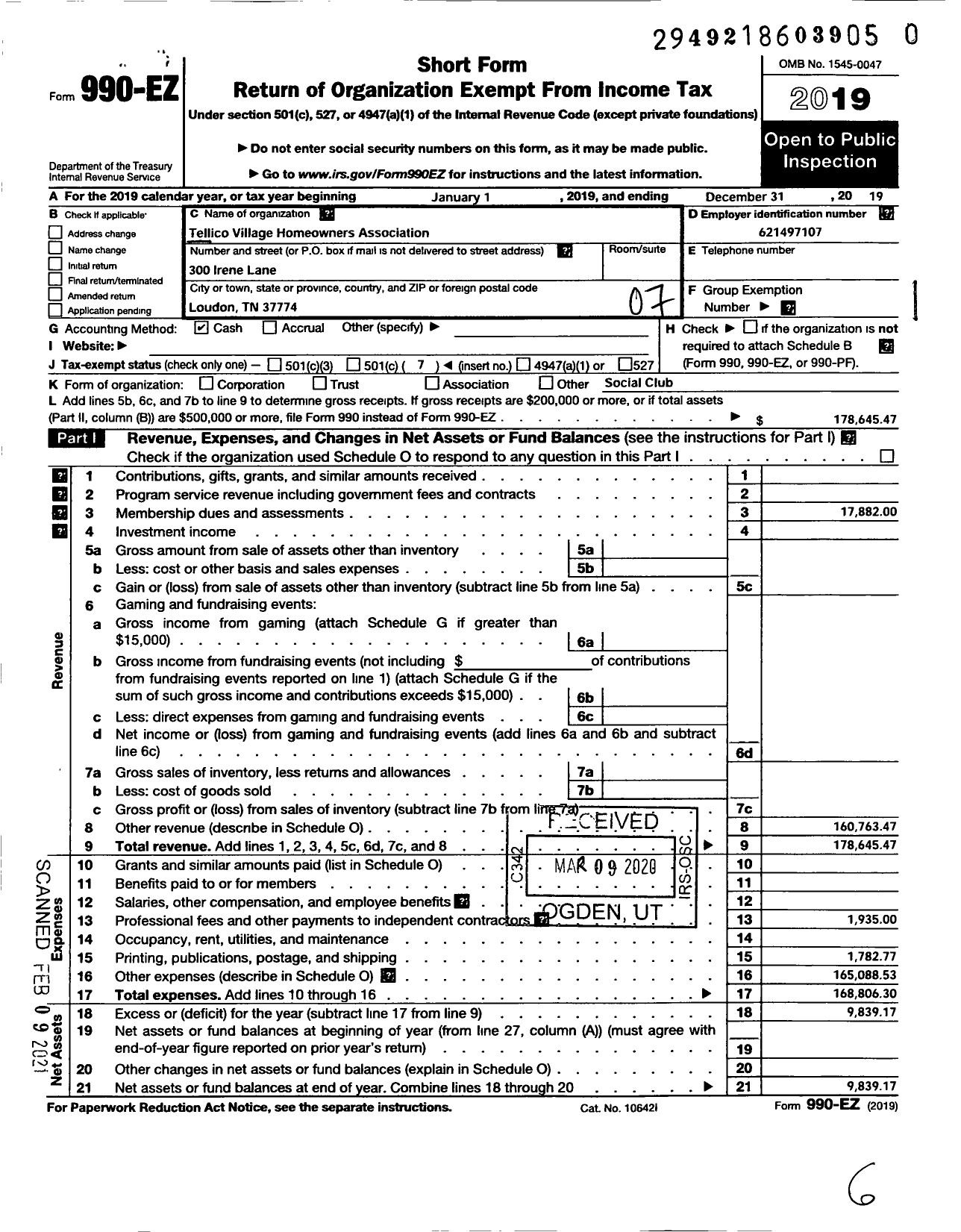 Image of first page of 2019 Form 990EO for Tellico Village Home Owners Association