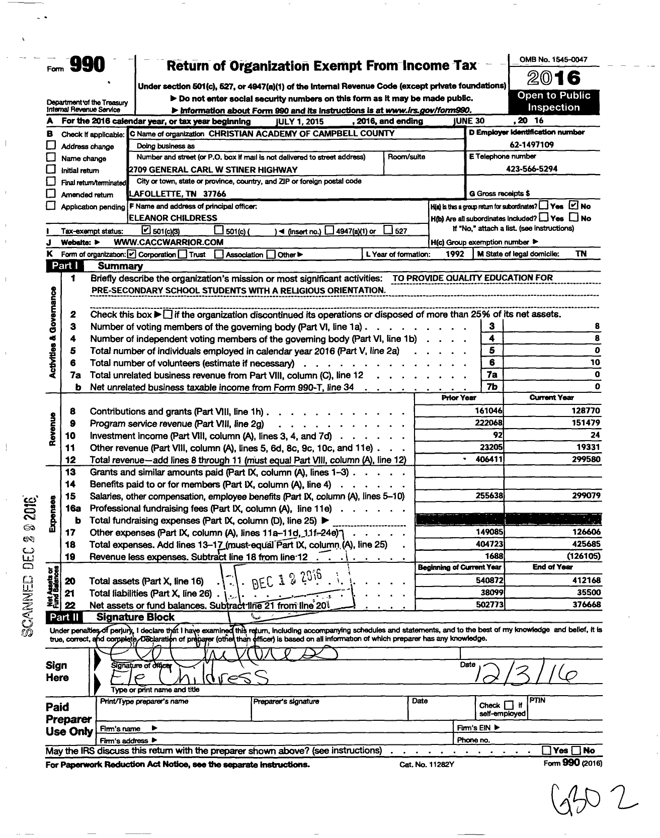 Image of first page of 2015 Form 990 for Christian Academy of Campbell County