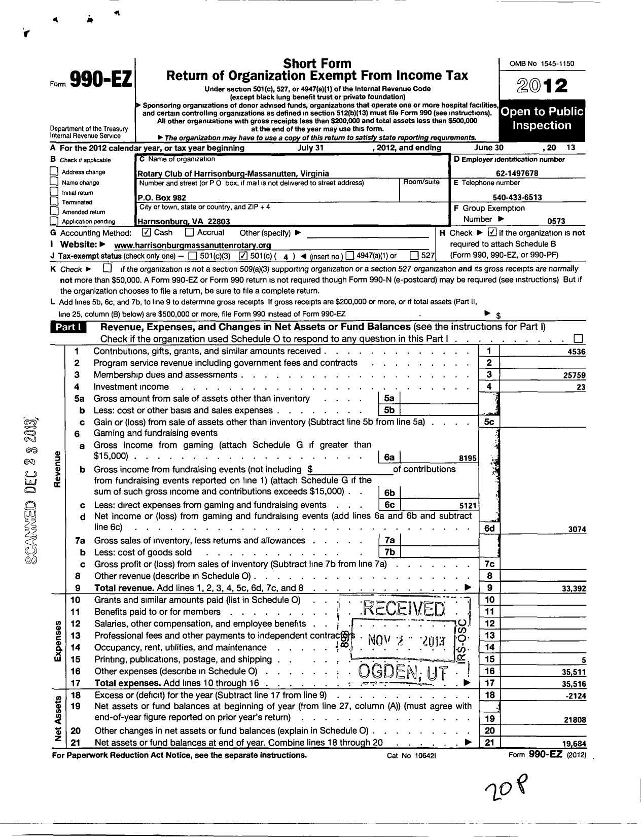 Image of first page of 2012 Form 990EO for Rotary International - Harrisonburg-Massanutten