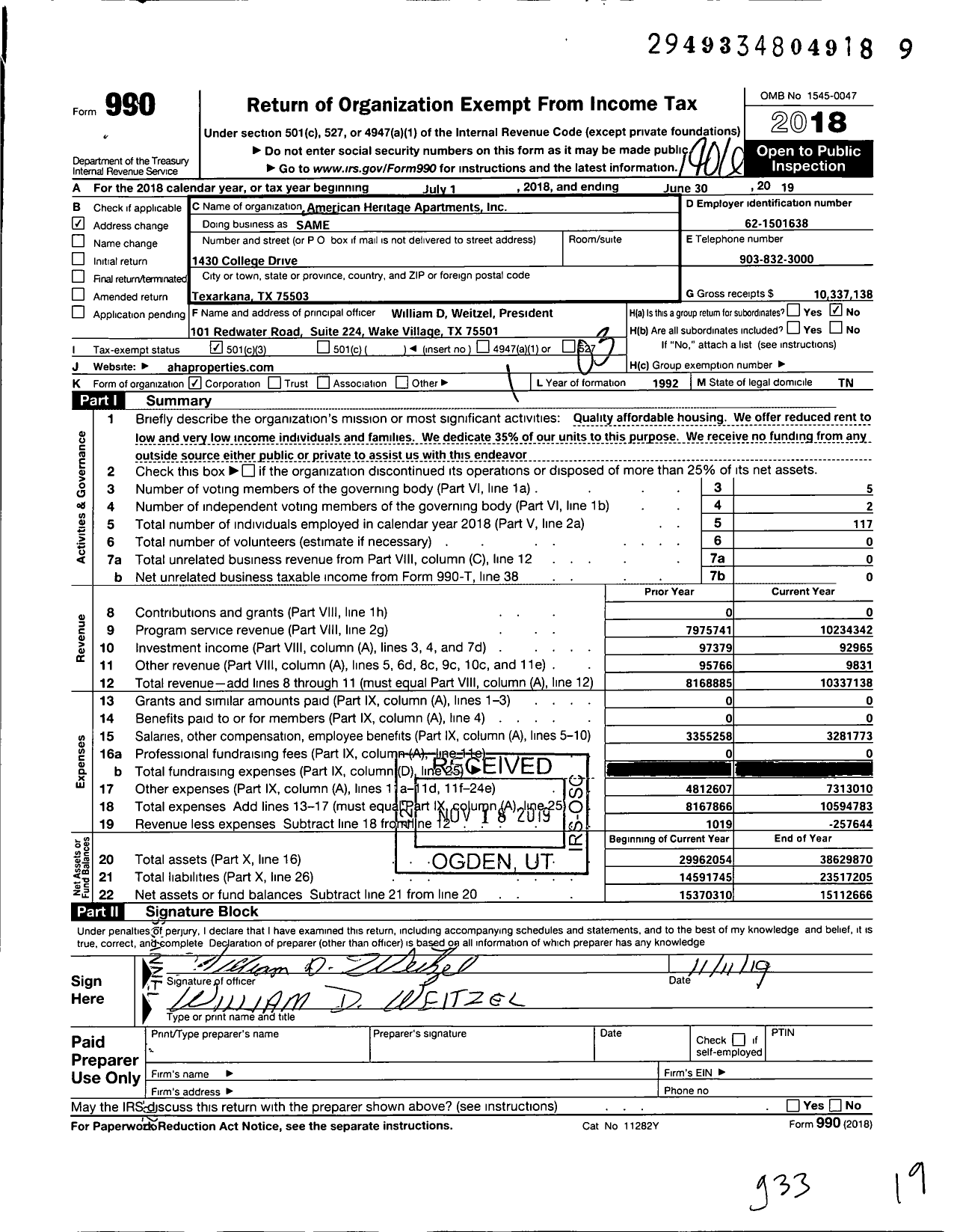 Image of first page of 2018 Form 990 for American Heritage Apartments