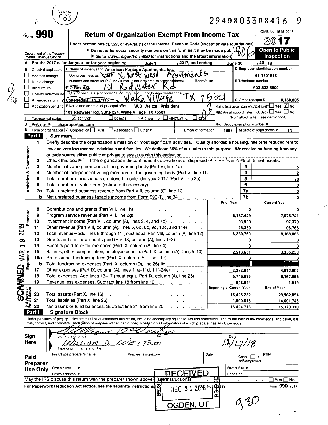 Image of first page of 2017 Form 990 for American Heritage Apartments