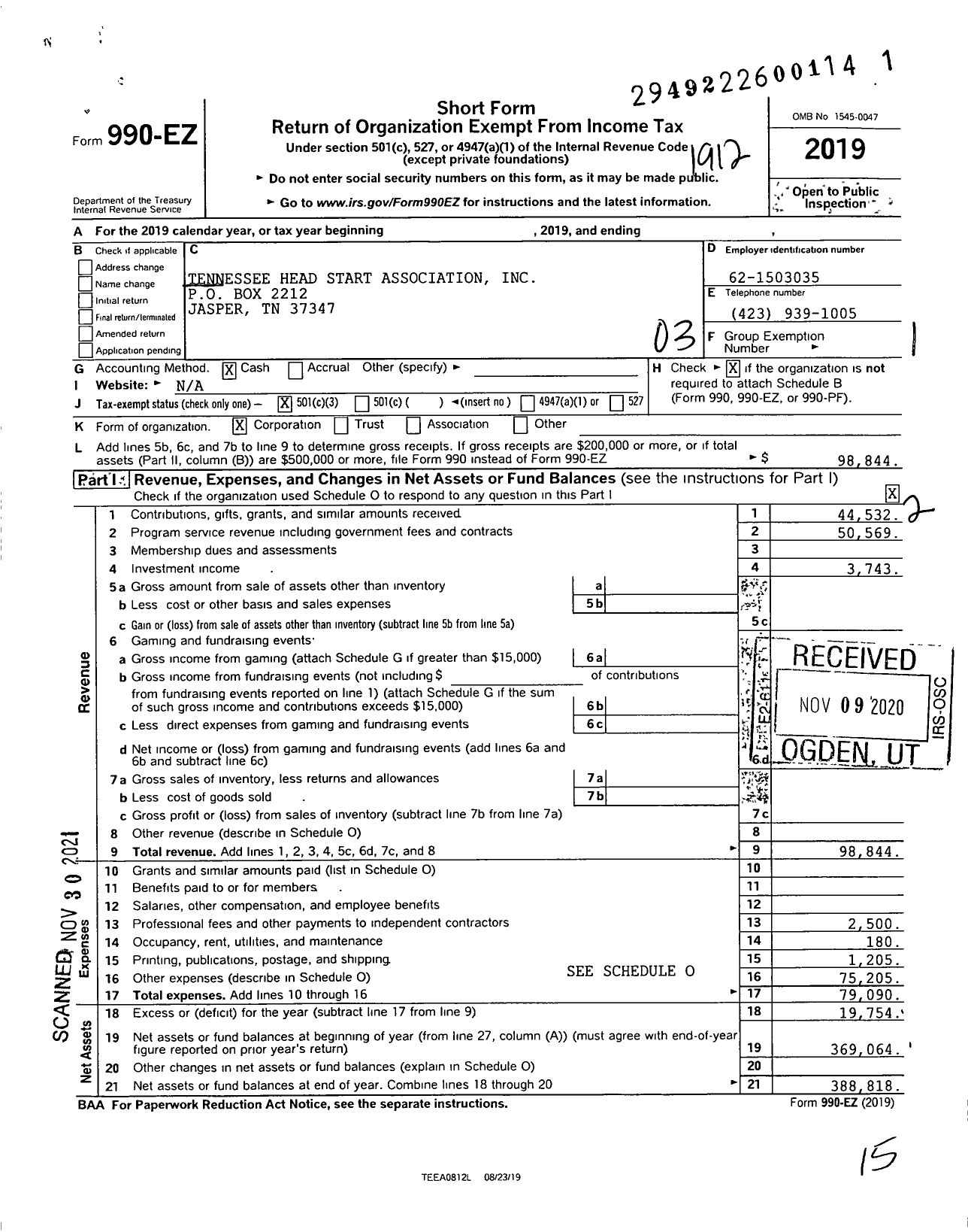 Image of first page of 2019 Form 990EZ for Tennessee Head Start Association