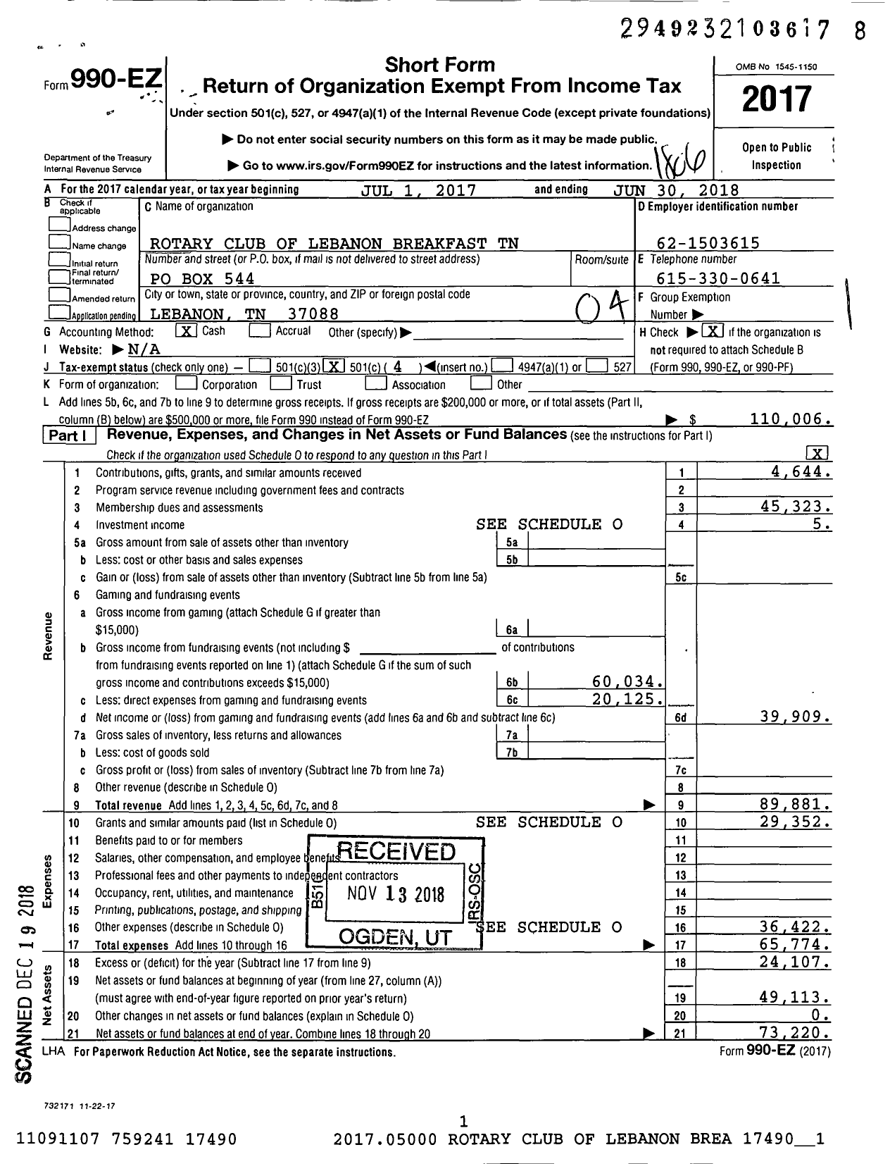 Image of first page of 2017 Form 990EO for Rotary International - Lebanon Breakfast