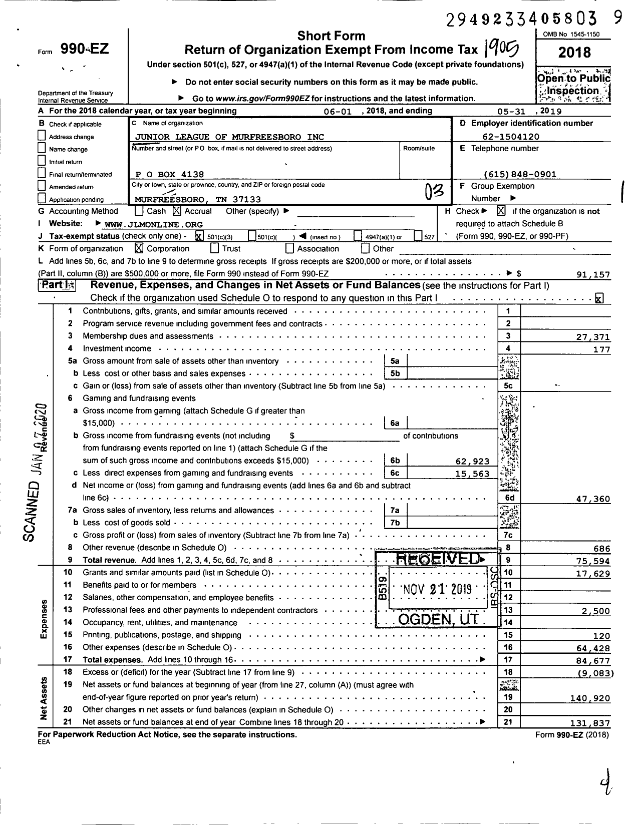 Image of first page of 2018 Form 990EZ for Junior League of Murfreesboro