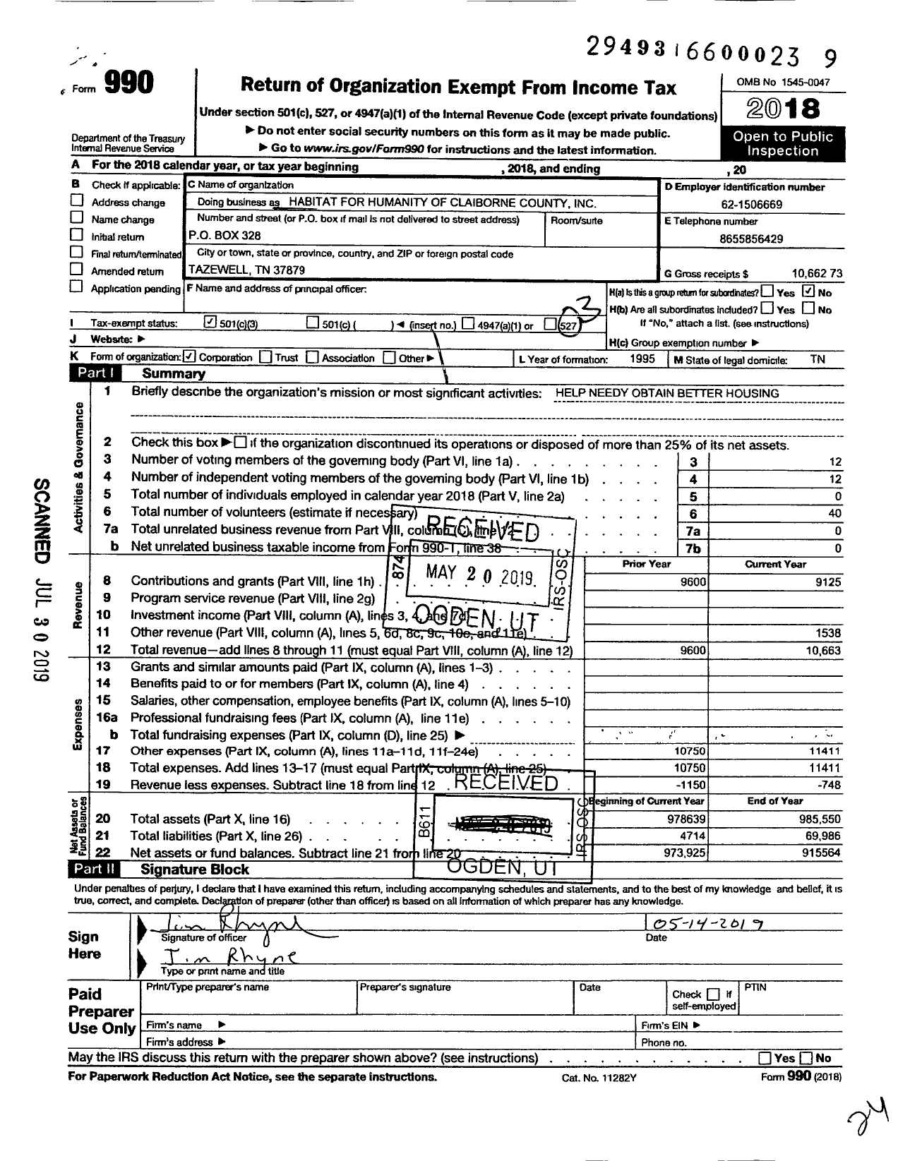 Image of first page of 2018 Form 990 for Habitat for Humanity of Claiborne County