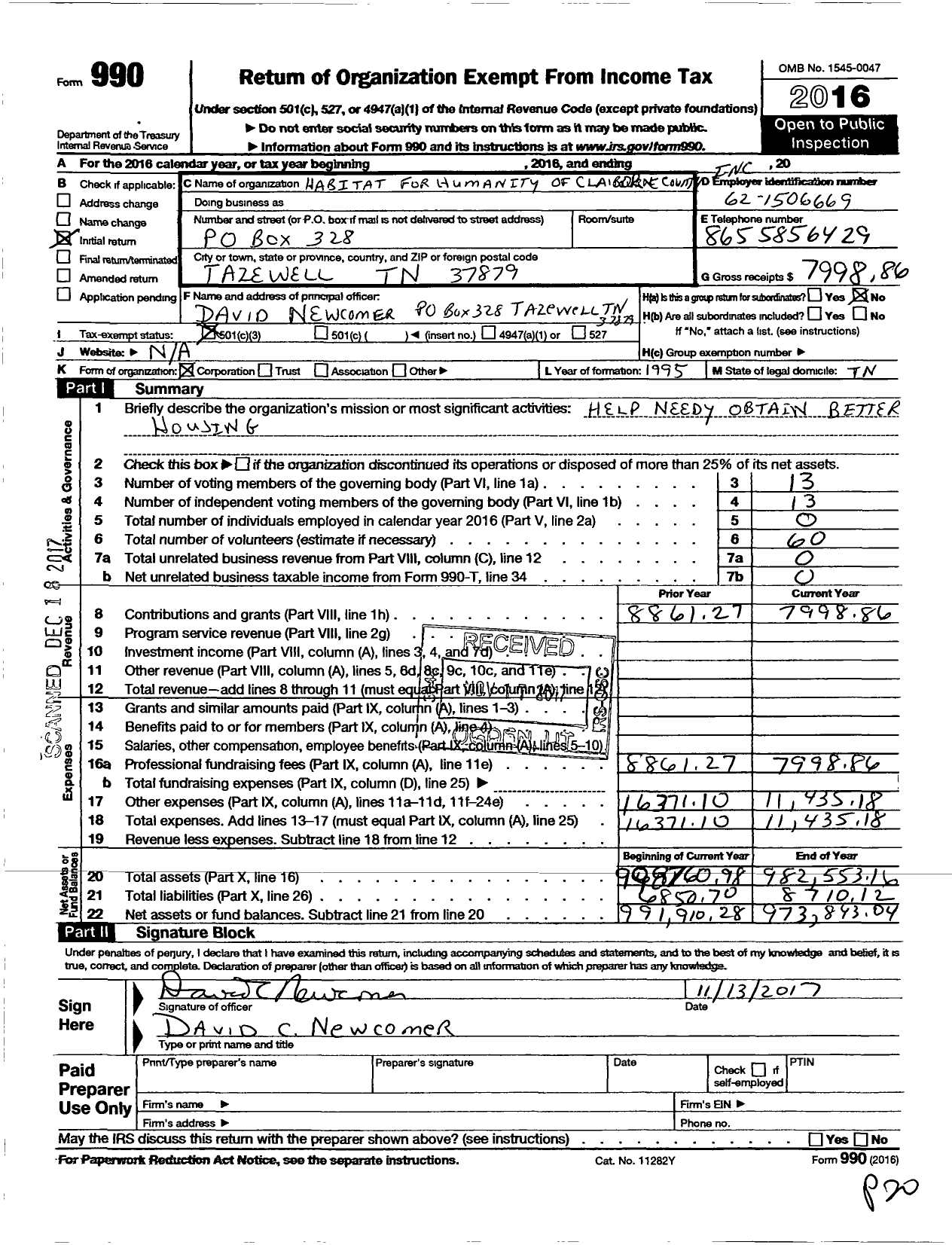 Image of first page of 2016 Form 990 for Habitat for Humanity of Claiborne County