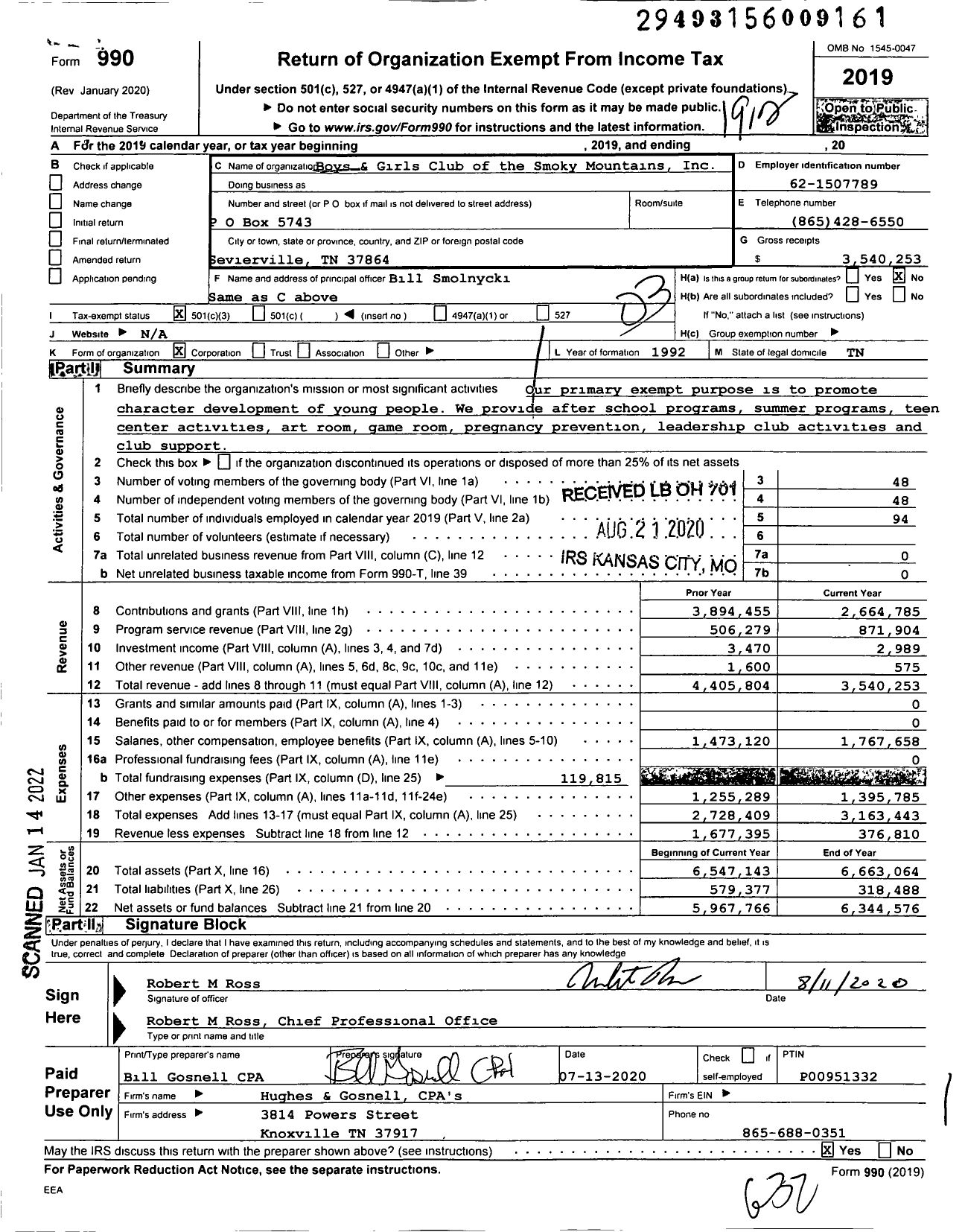 Image of first page of 2019 Form 990 for Boys & Girls Club of the Smoky Mountains