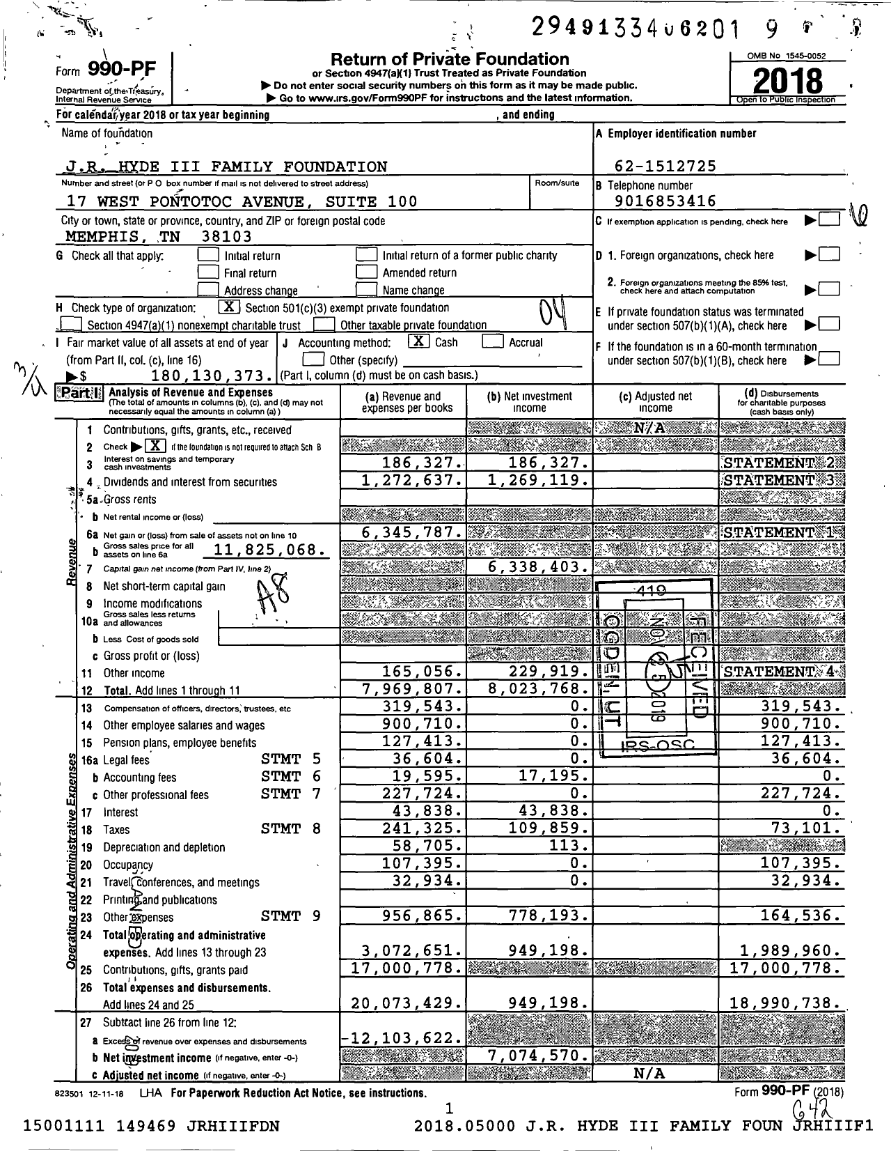 Image of first page of 2018 Form 990PF for JR Hyde Iii Family Foundation