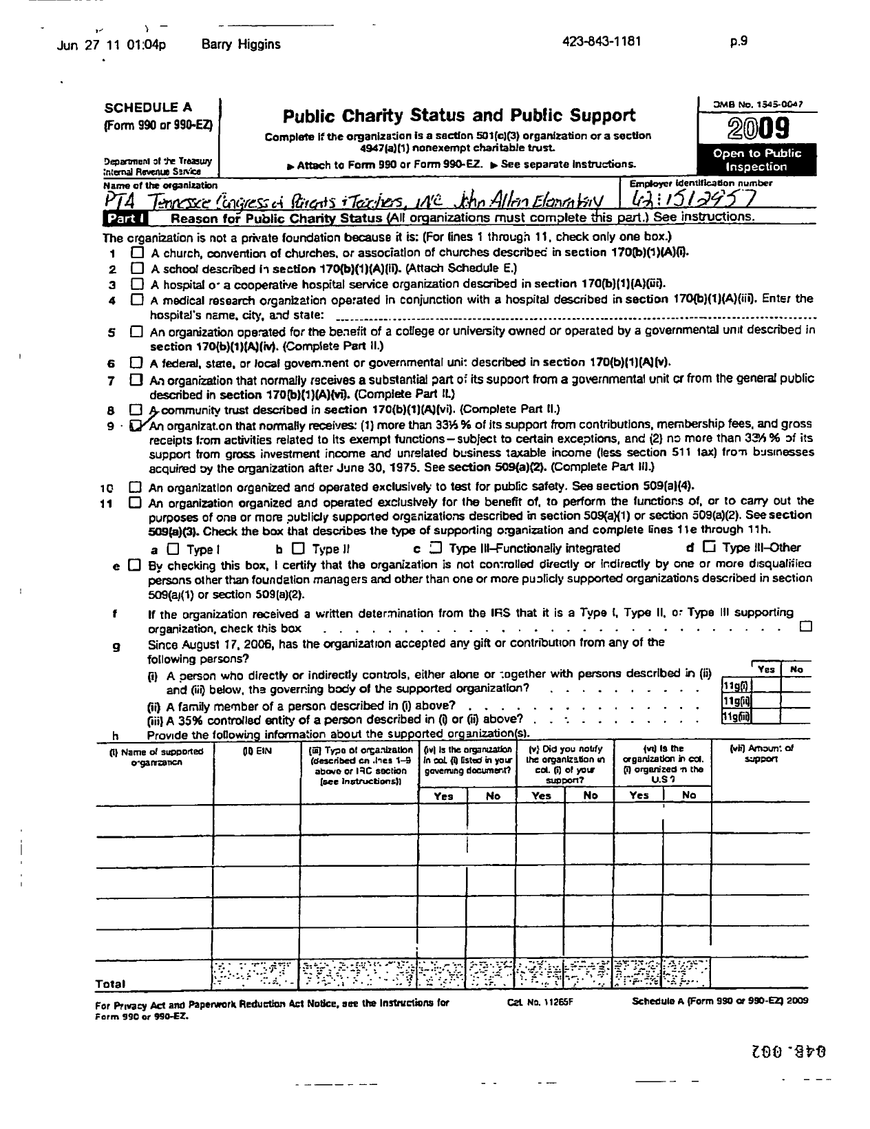 Image of first page of 2009 Form 990ER for PTA Tennessee Congress of Parents Teachers / John Allen Elem
