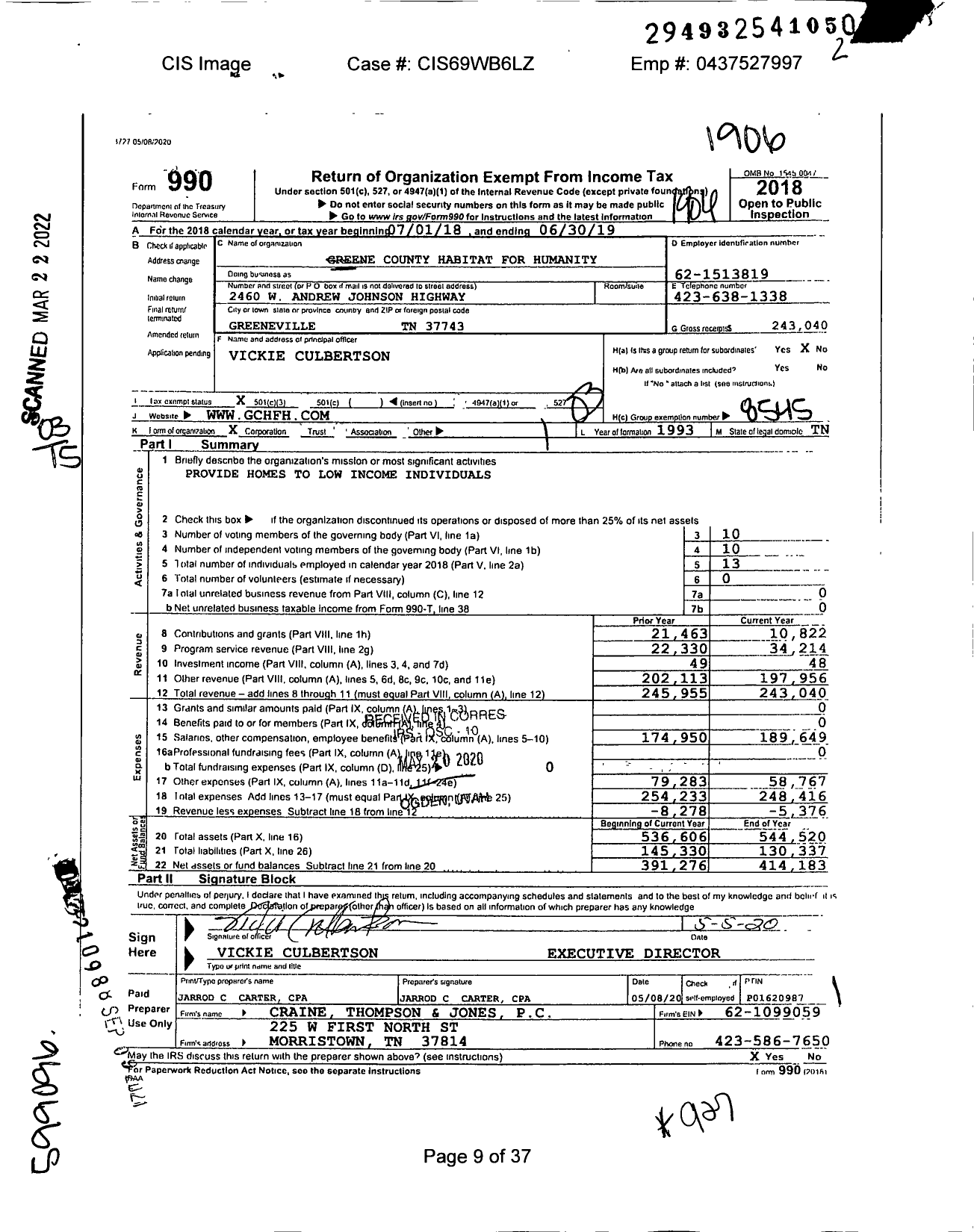 Image of first page of 2018 Form 990 for Greene County Habitat for Humanity