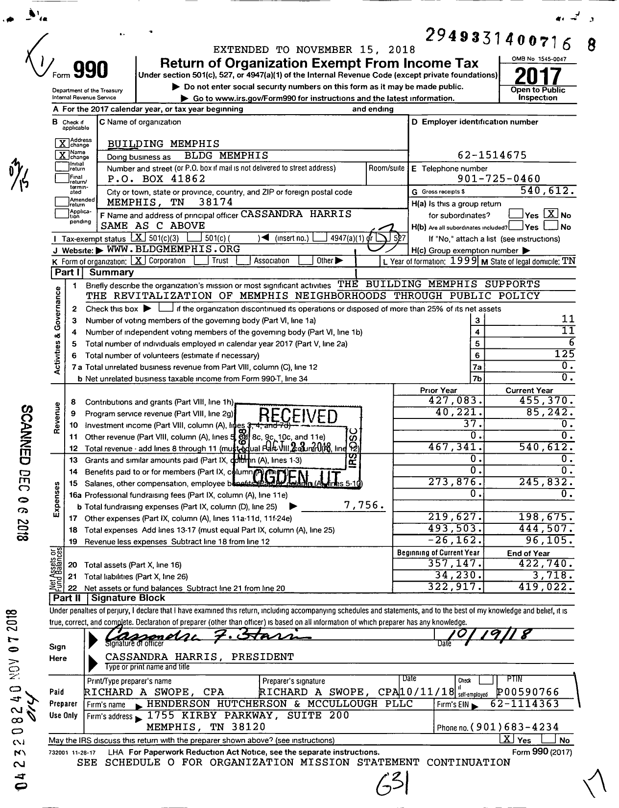 Image of first page of 2017 Form 990 for BLDG Memphis
