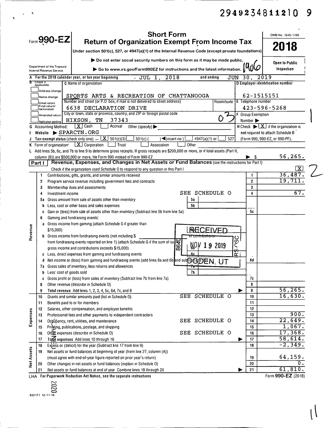 Image of first page of 2018 Form 990EZ for Sports Arts and Recreation of Chattanooga