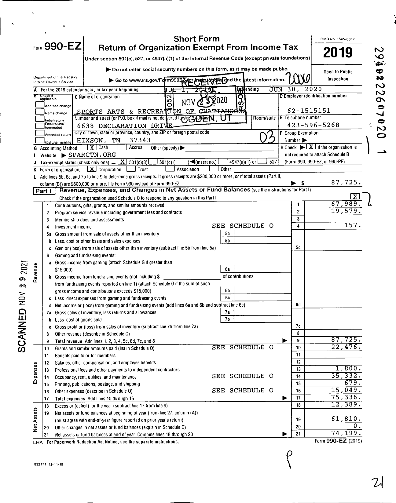 Image of first page of 2019 Form 990EZ for Sports Arts and Recreation of Chattanooga