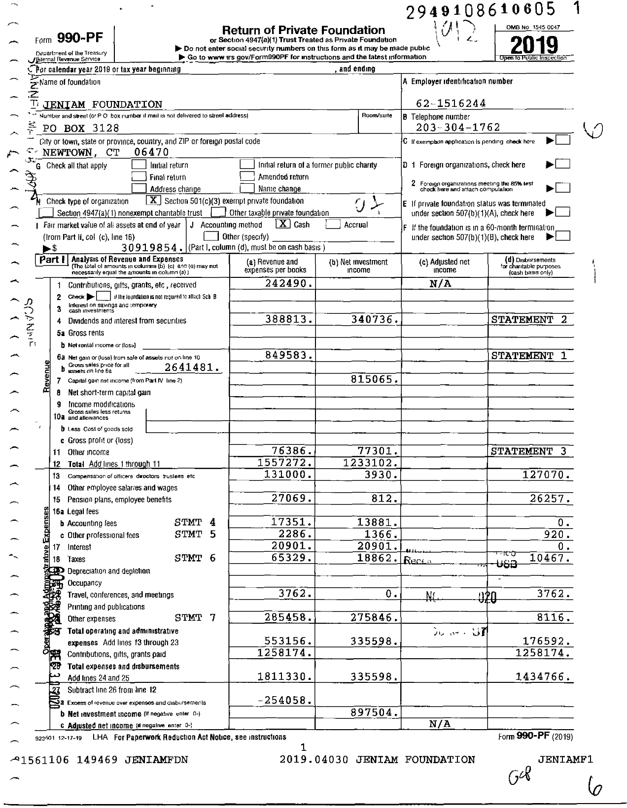 Image of first page of 2019 Form 990PF for Jeniam Foundation