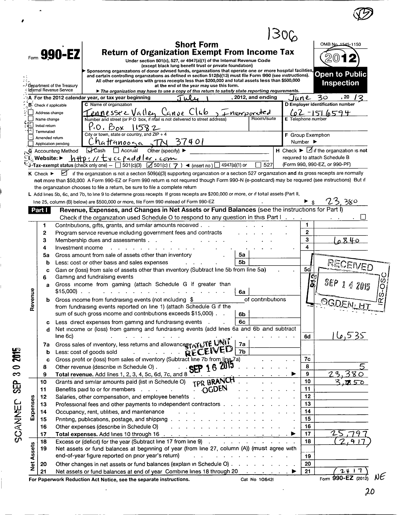 Image of first page of 2012 Form 990EO for Tennessee Valley Canoe Club