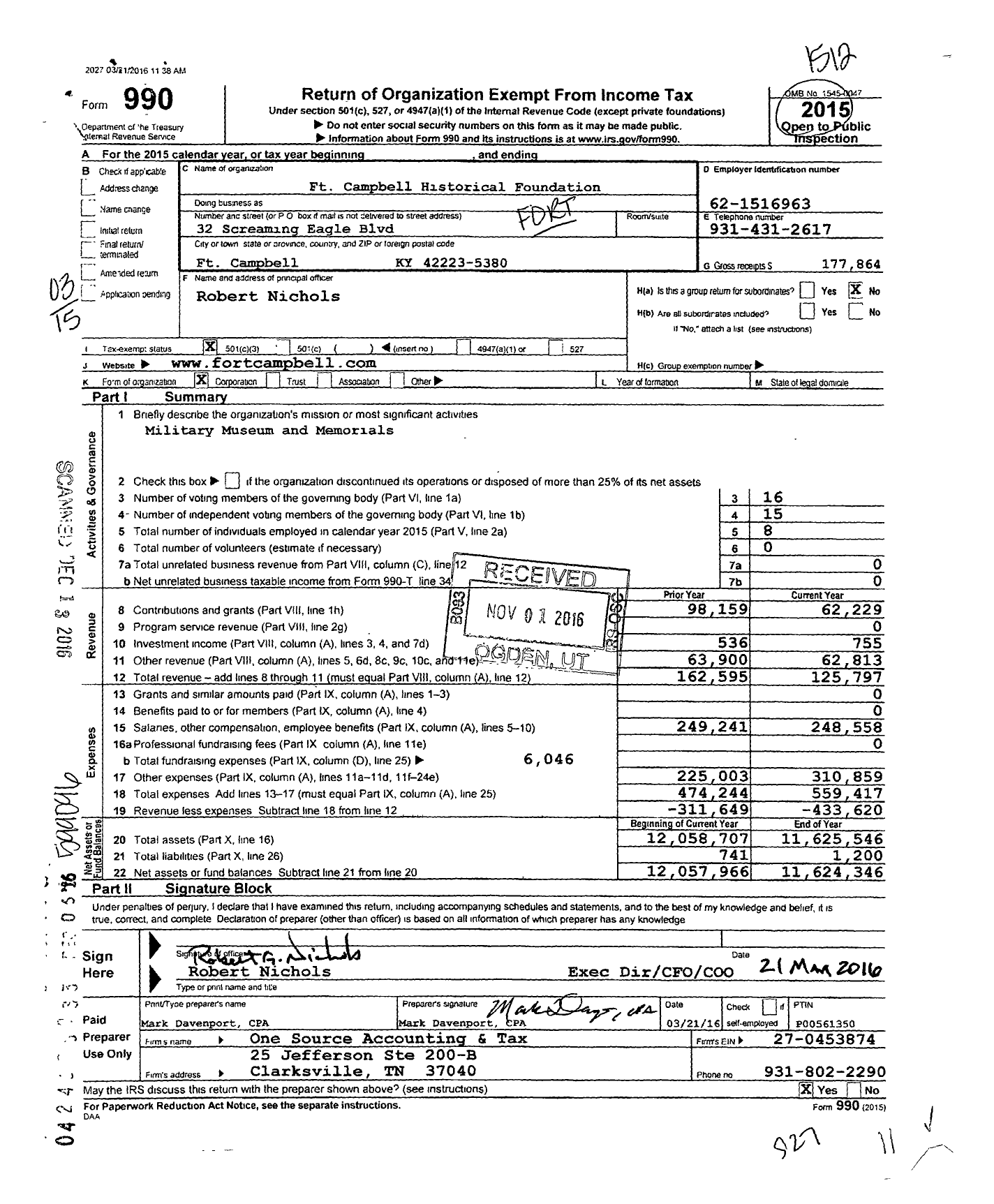 Image of first page of 2015 Form 990 for Fort Campbell Historical Foundation