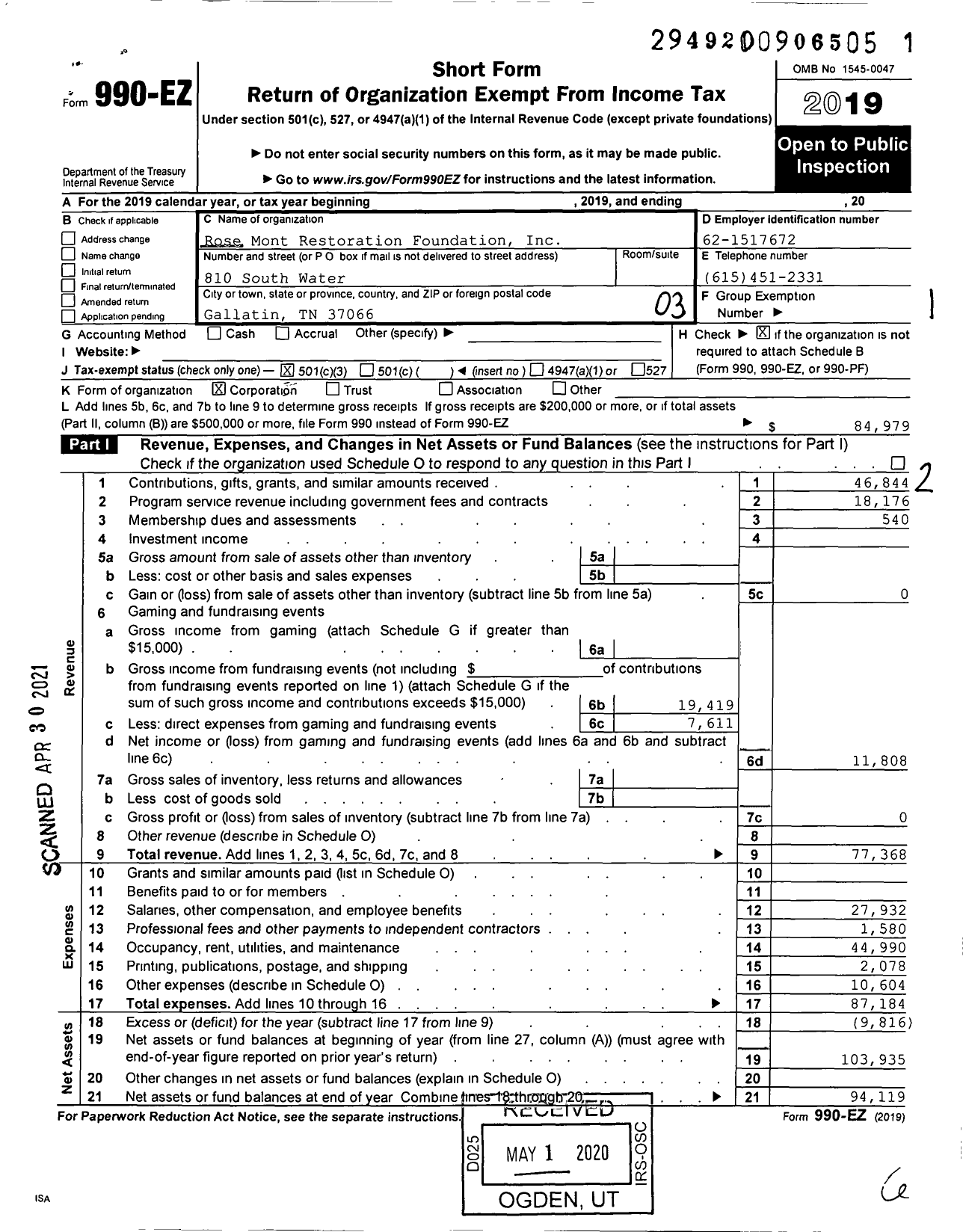 Image of first page of 2019 Form 990EZ for Rose Mont Restoration Foundation