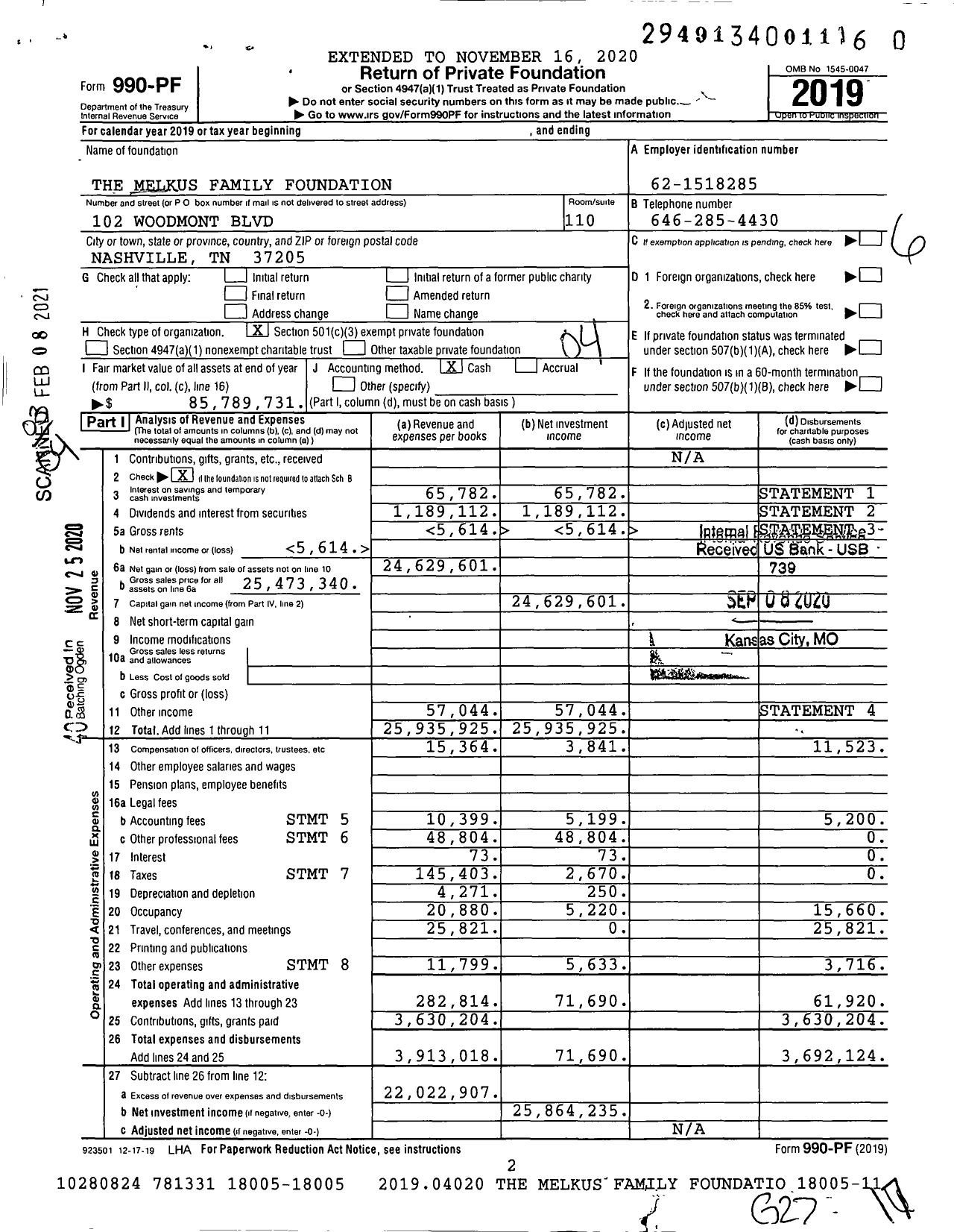 Image of first page of 2019 Form 990PF for The Melkus Family Foundation