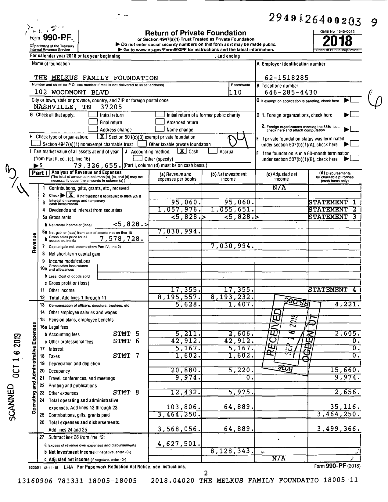 Image of first page of 2018 Form 990PF for The Melkus Family Foundation