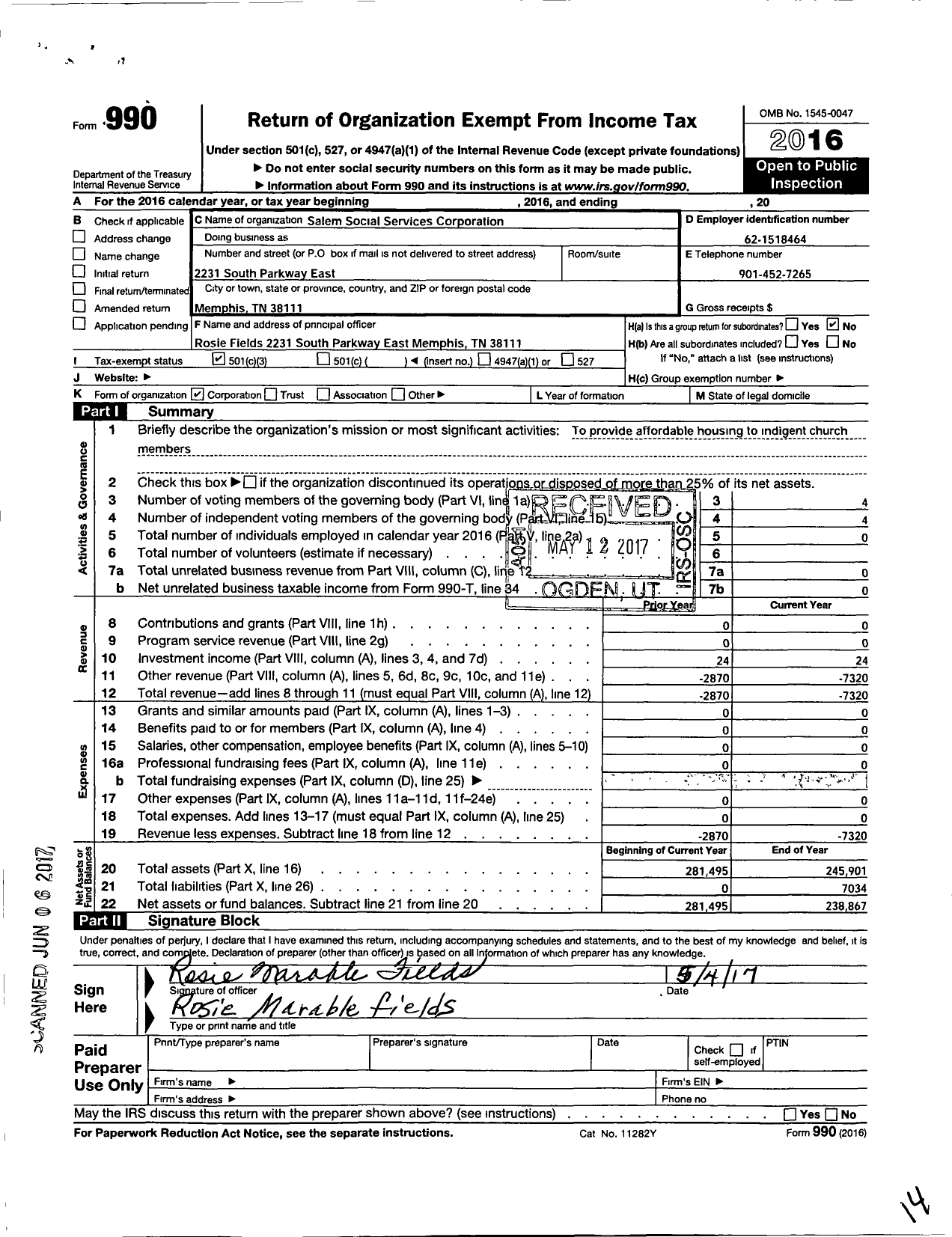 Image of first page of 2016 Form 990 for Salem Social Services Corporation