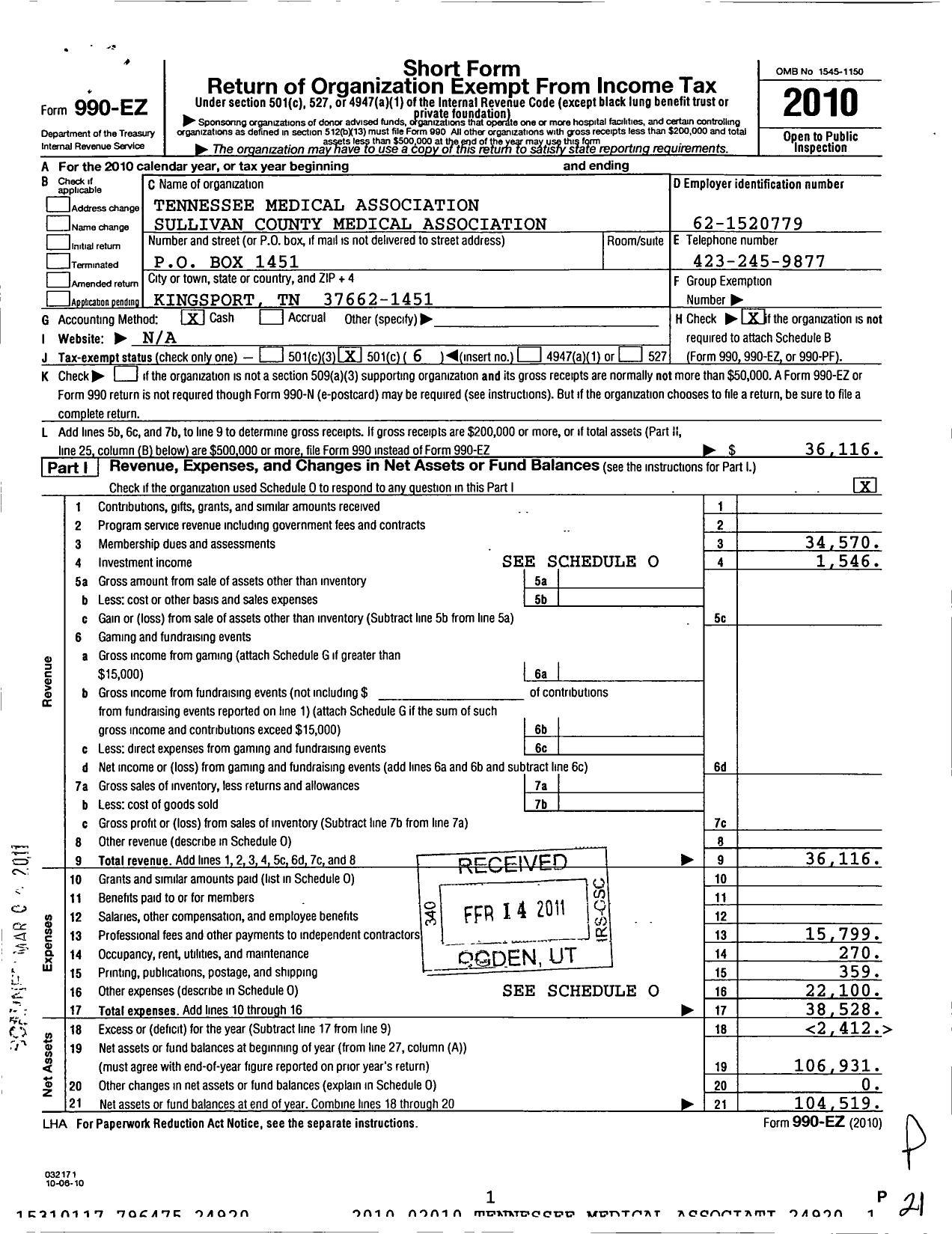 Image of first page of 2010 Form 990EO for Tennessee Medical Association / Sullivan County Medical Assn