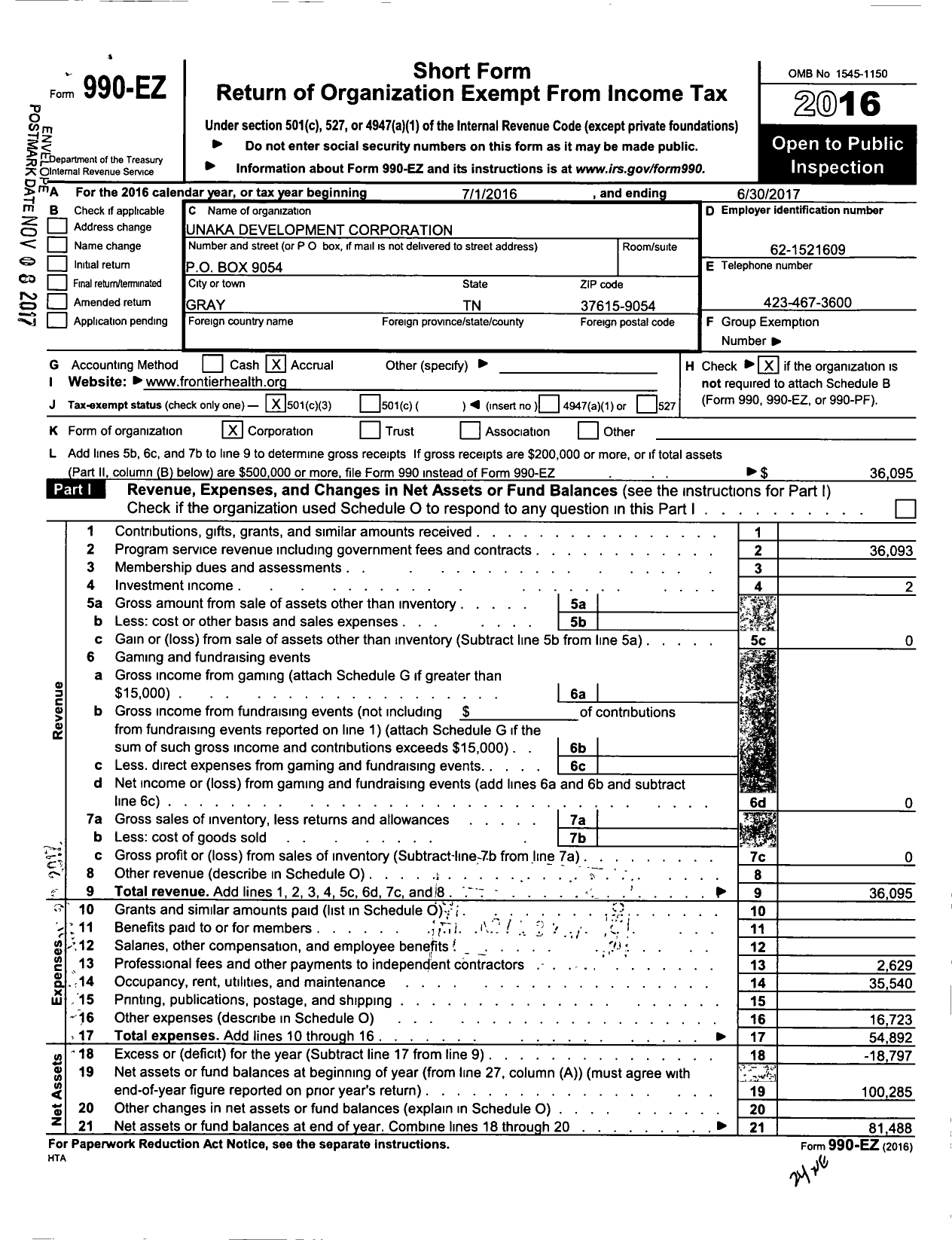 Image of first page of 2016 Form 990EZ for Unaka Development Corporation