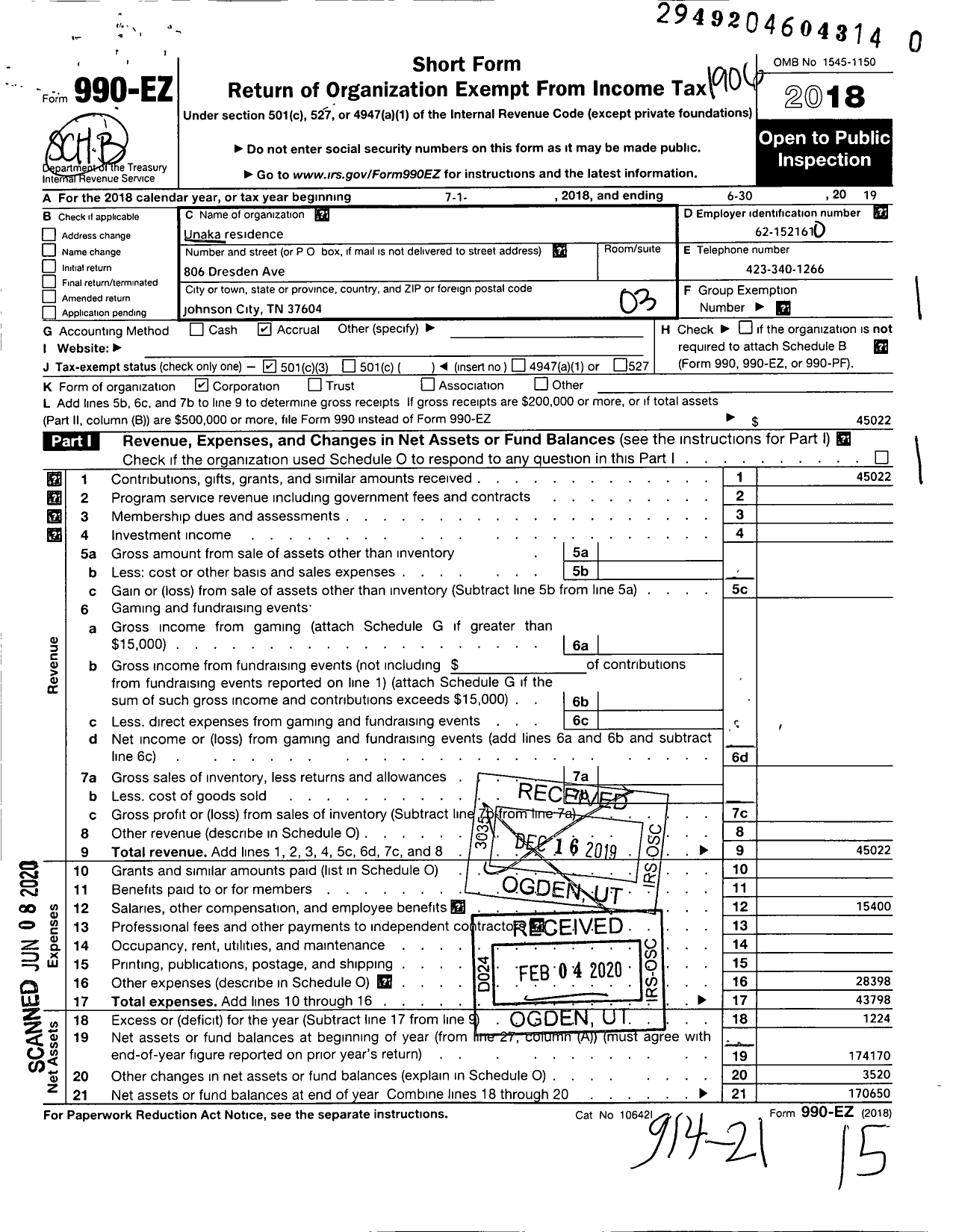 Image of first page of 2018 Form 990EZ for Unaka Residence