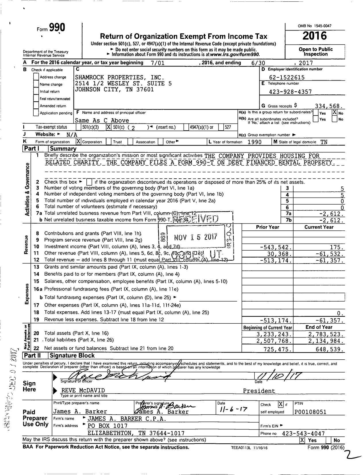 Image of first page of 2016 Form 990O for Shamrock Properties
