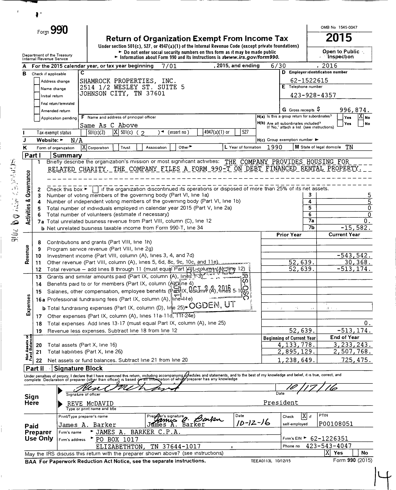 Image of first page of 2015 Form 990O for Shamrock Properties