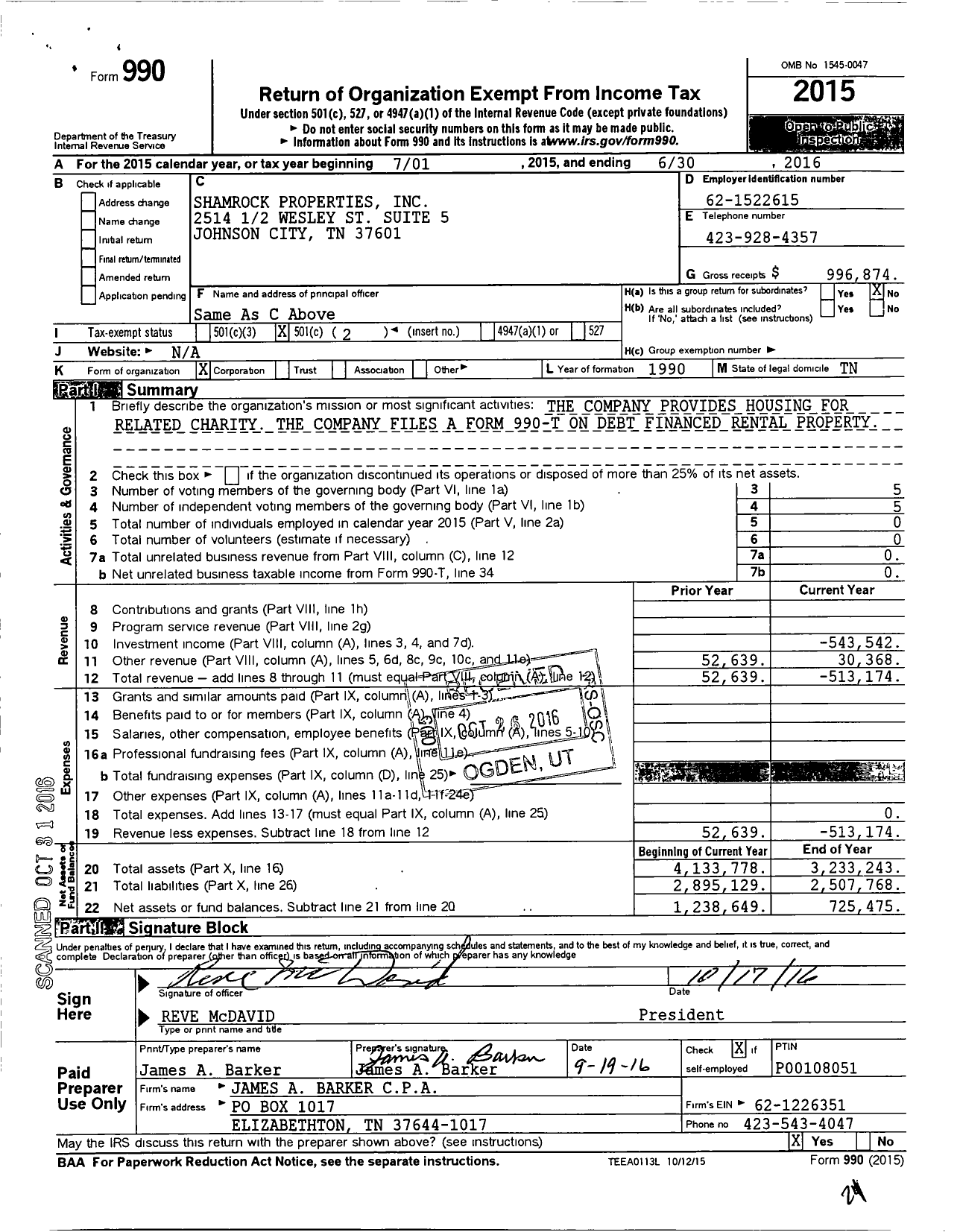 Image of first page of 2015 Form 990O for Shamrock Properties
