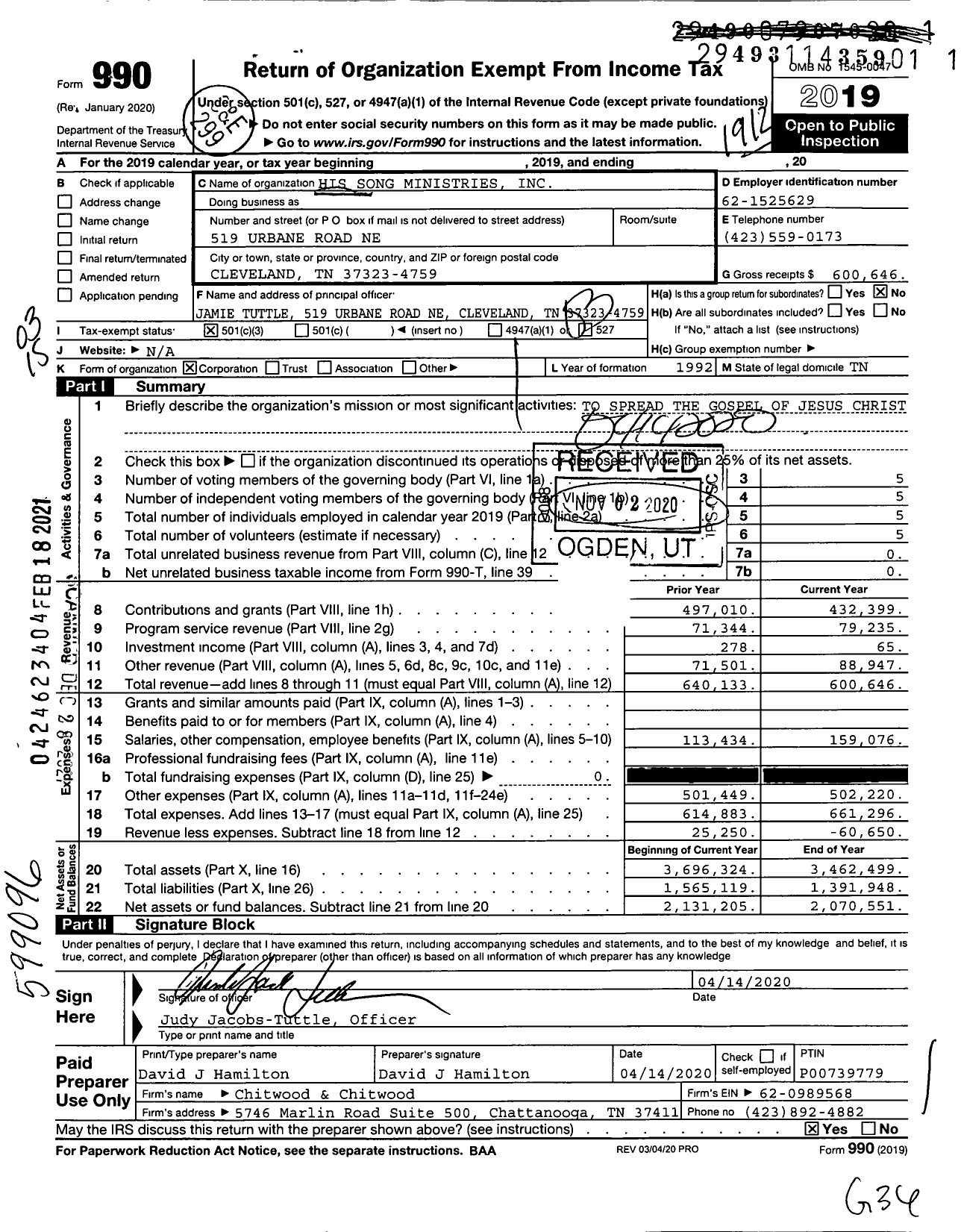 Image of first page of 2019 Form 990 for His Song Ministries