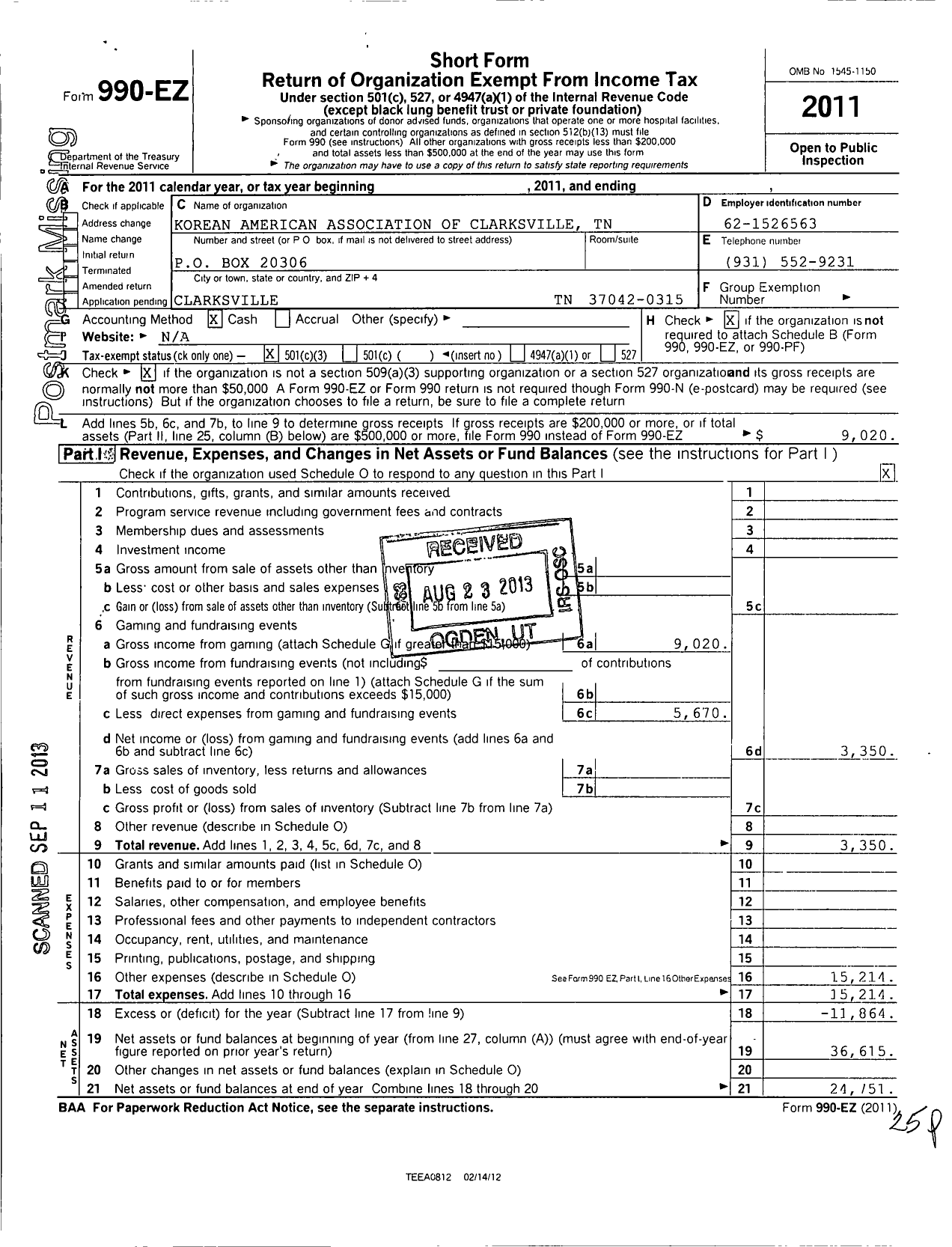 Image of first page of 2011 Form 990EZ for Korean American Association of Clarksville TN