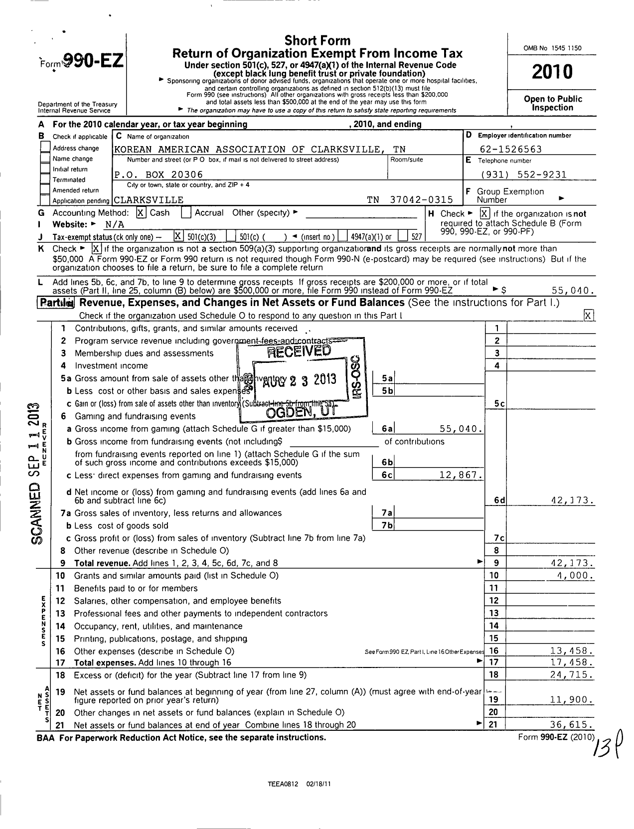 Image of first page of 2010 Form 990EZ for Korean American Association of Clarksville TN