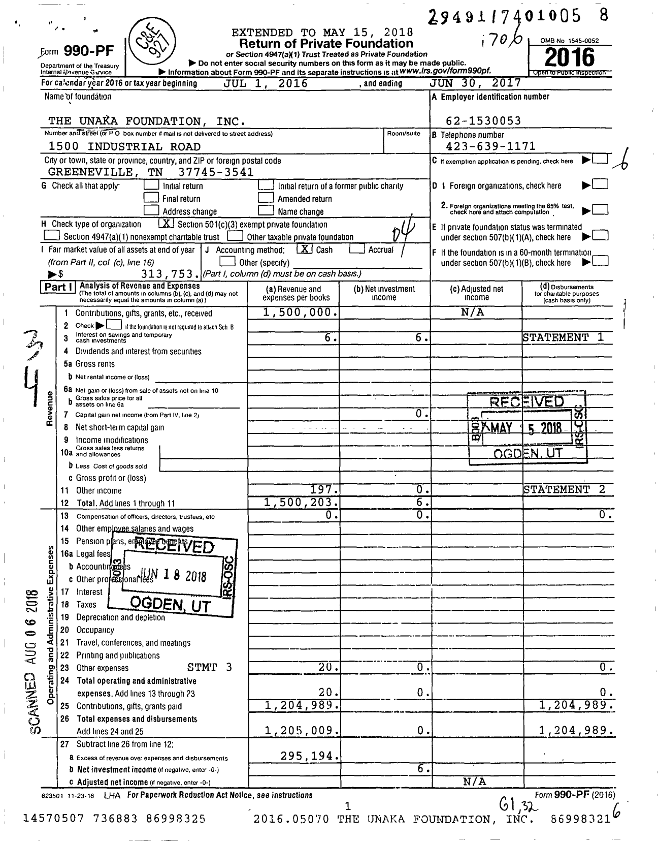 Image of first page of 2016 Form 990PF for The Unaka Foundation