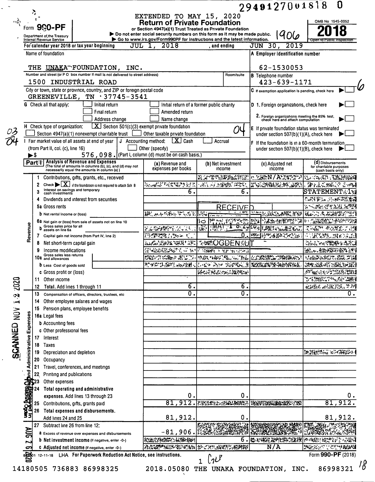 Image of first page of 2018 Form 990PF for The Unaka Foundation