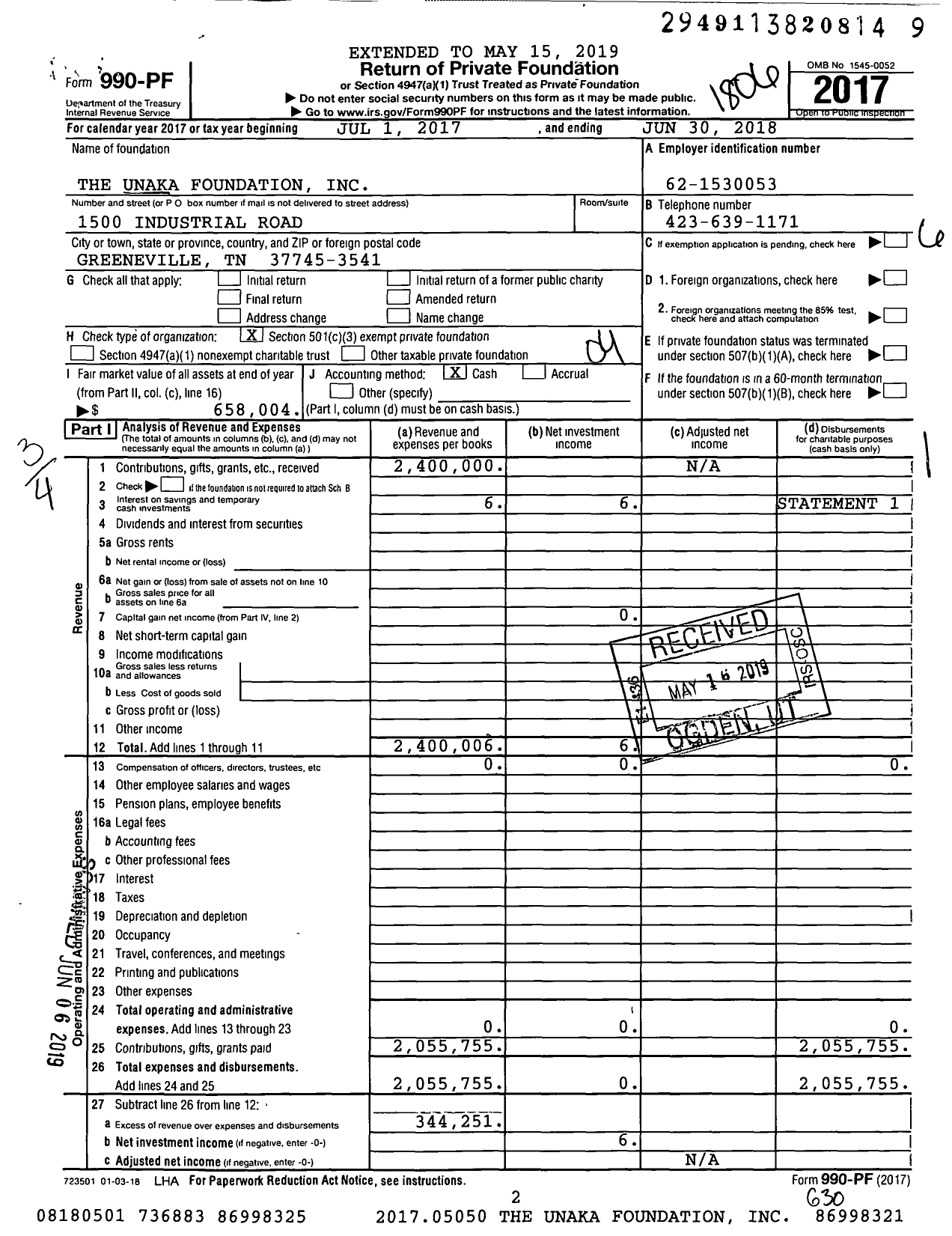 Image of first page of 2017 Form 990PF for The Unaka Foundation