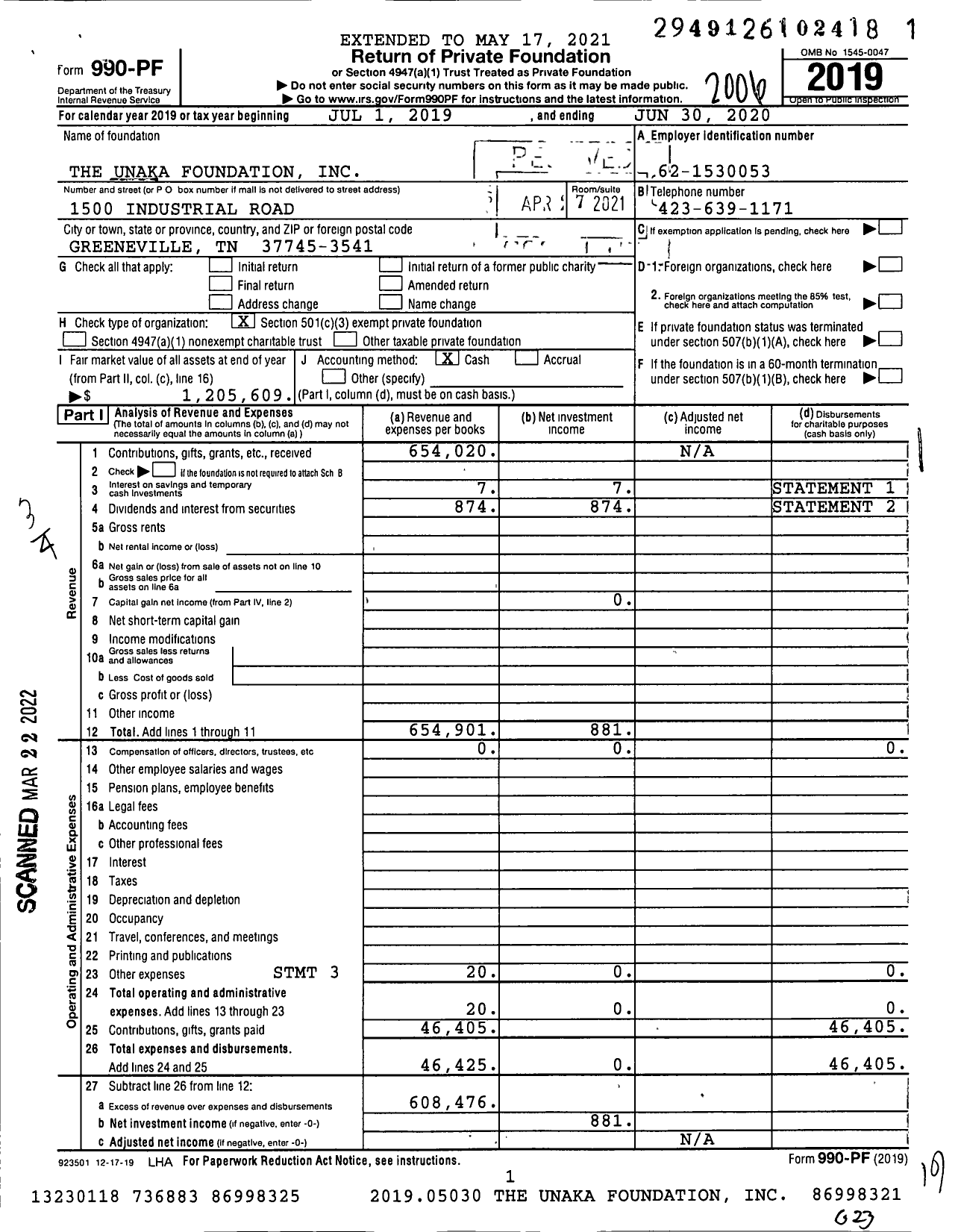 Image of first page of 2019 Form 990PF for The Unaka Foundation