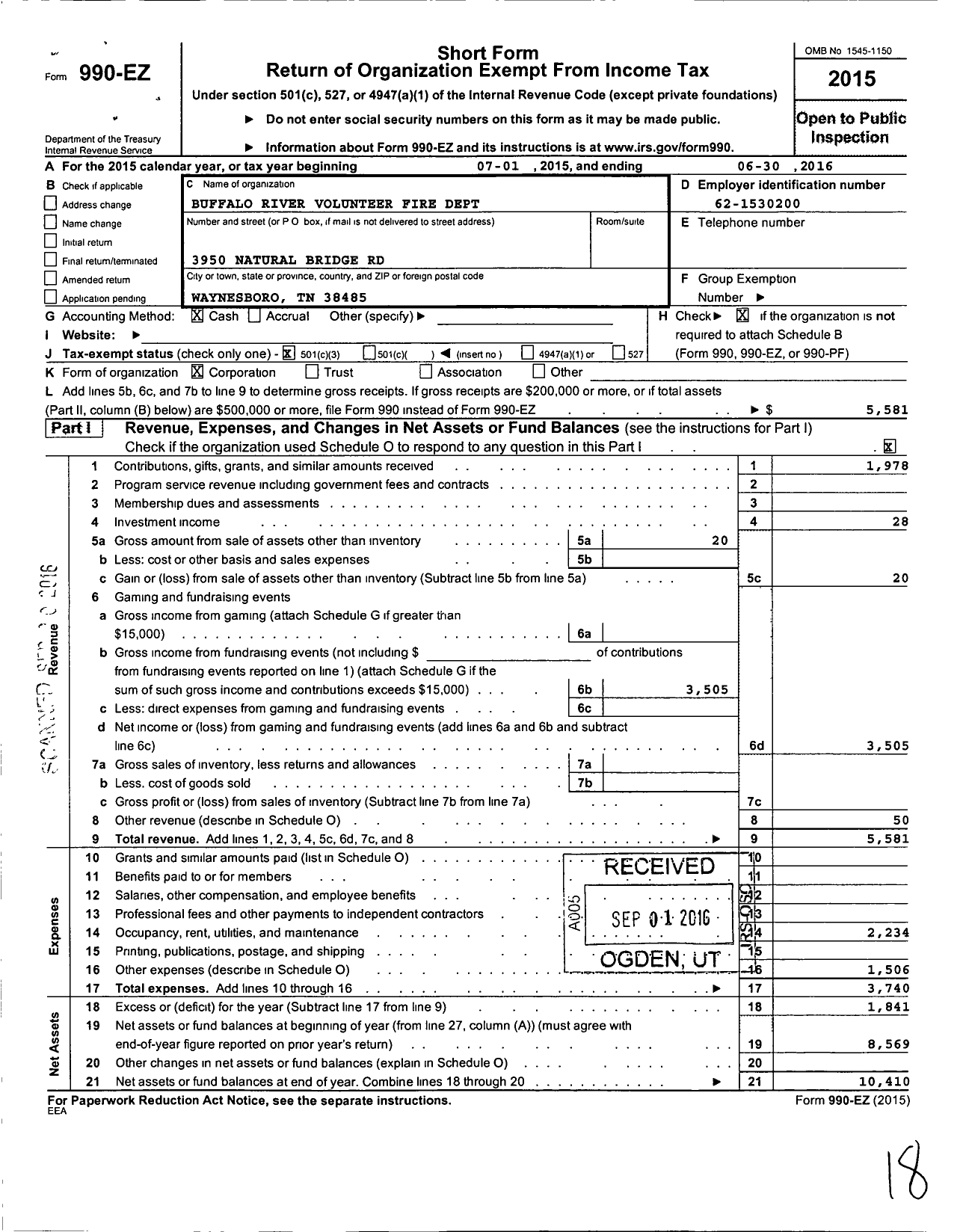 Image of first page of 2015 Form 990EZ for Buffalo River Volunteer Fire Dept
