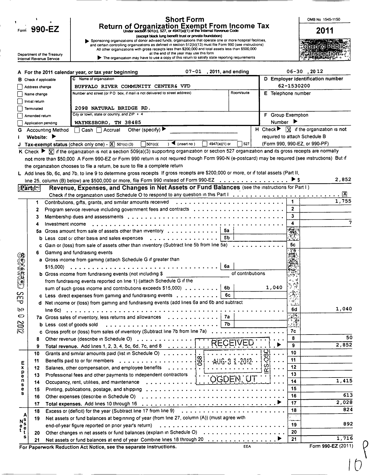 Image of first page of 2011 Form 990EZ for Buffalo River Volunteer Fire Dept