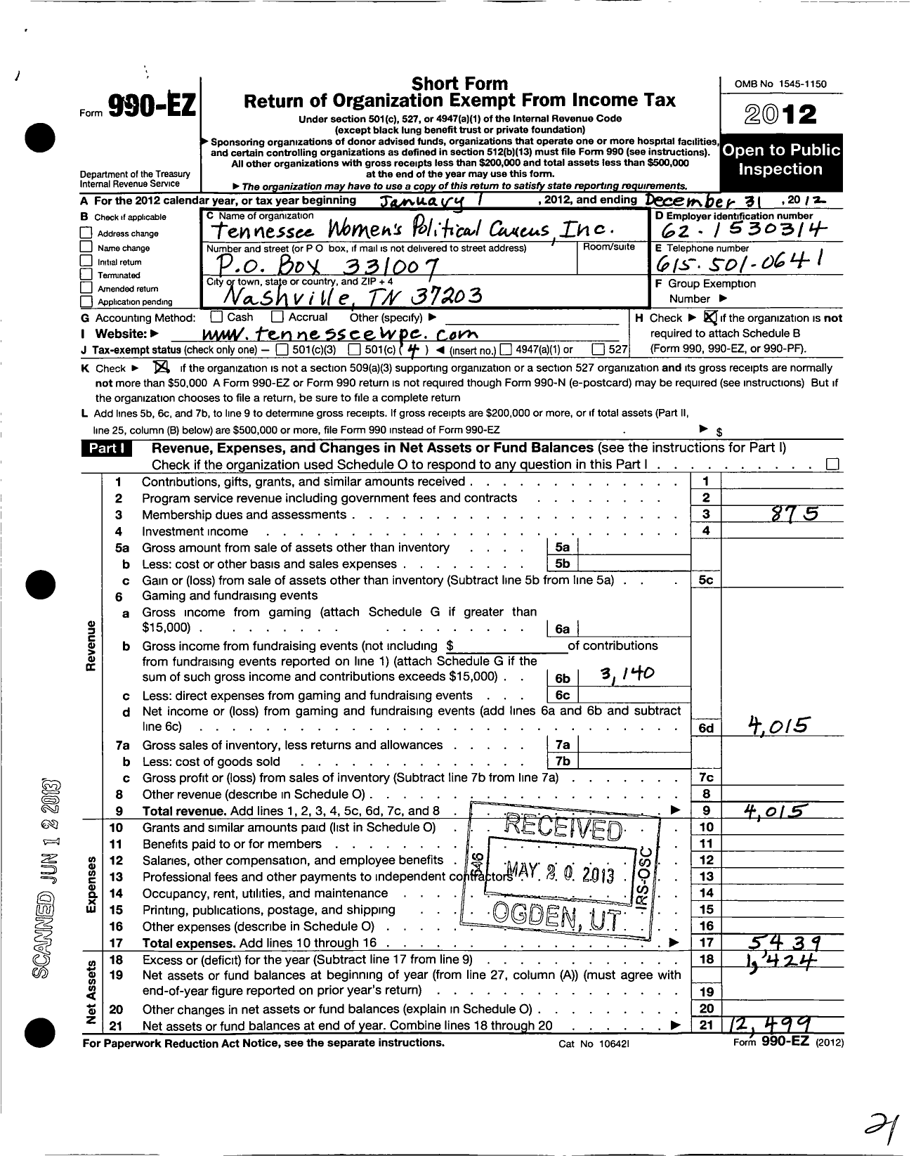 Image of first page of 2012 Form 990EO for Tennessee Womens Political Caucus