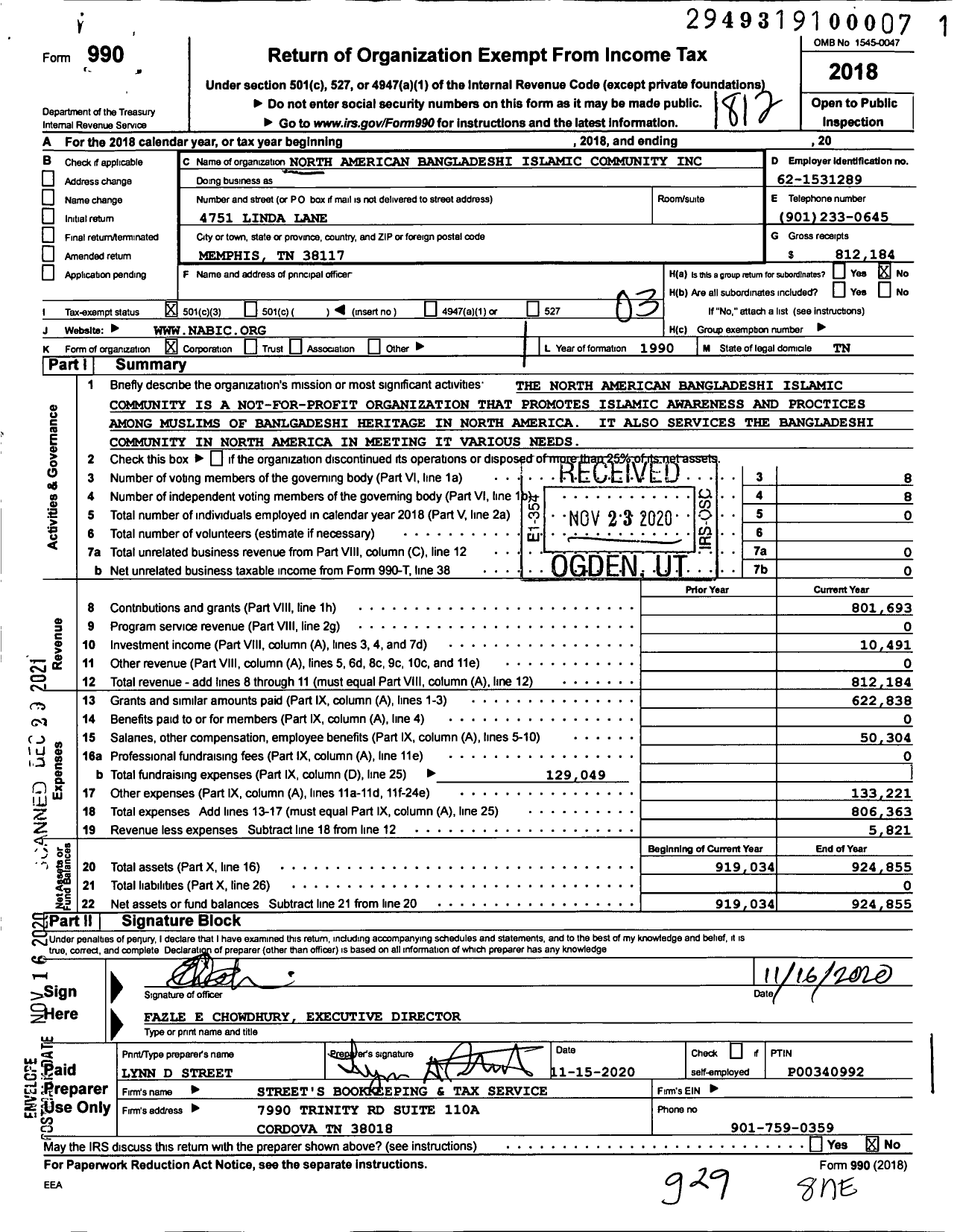 Image of first page of 2018 Form 990 for North American Bangladeshi Islamic Community (NABIC)