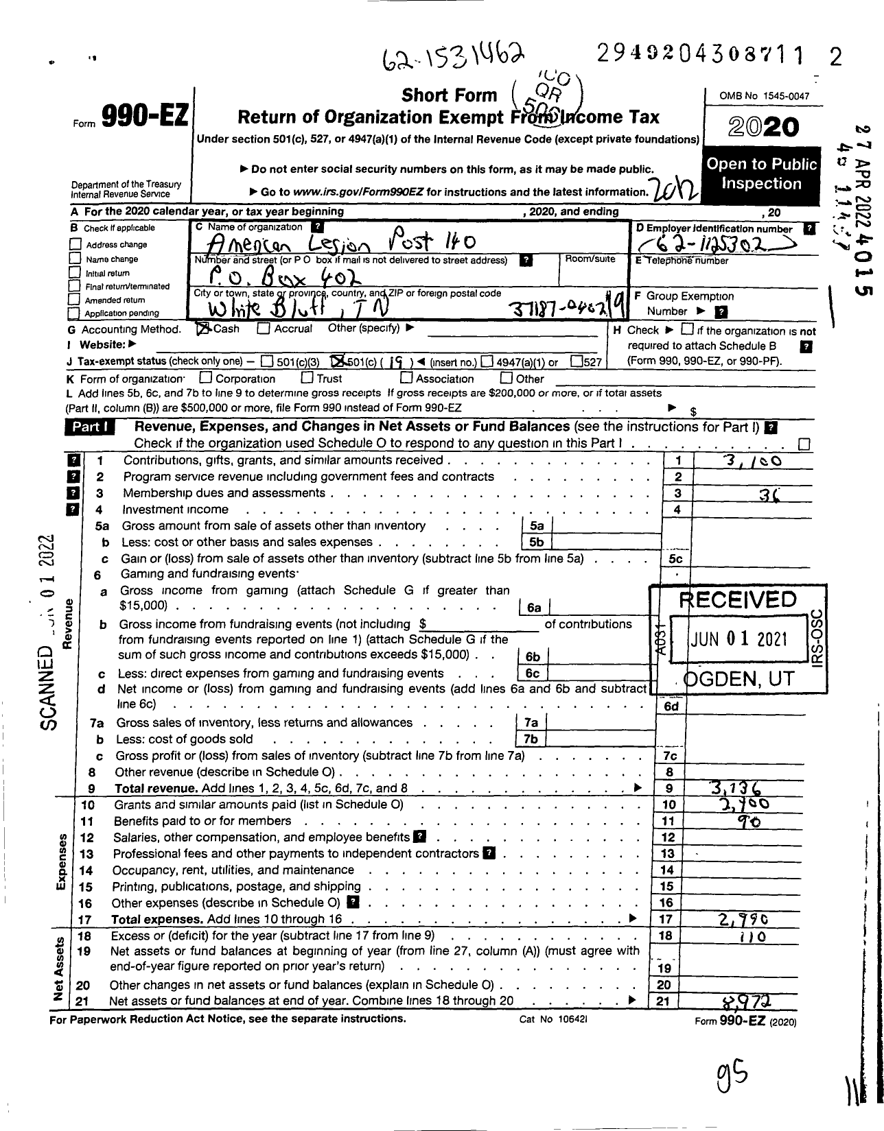 Image of first page of 2020 Form 990EO for American Legion Post 180