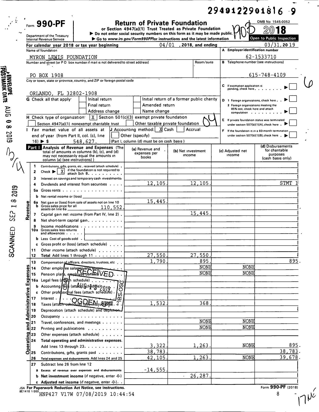 Image of first page of 2018 Form 990PF for Myron Lewis Foundation