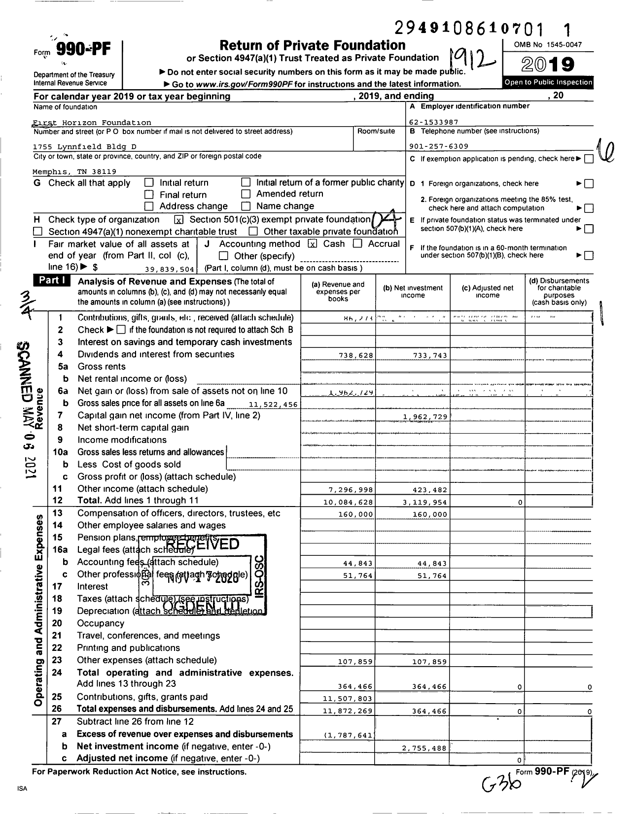 Image of first page of 2019 Form 990PF for First Horizon Foundation
