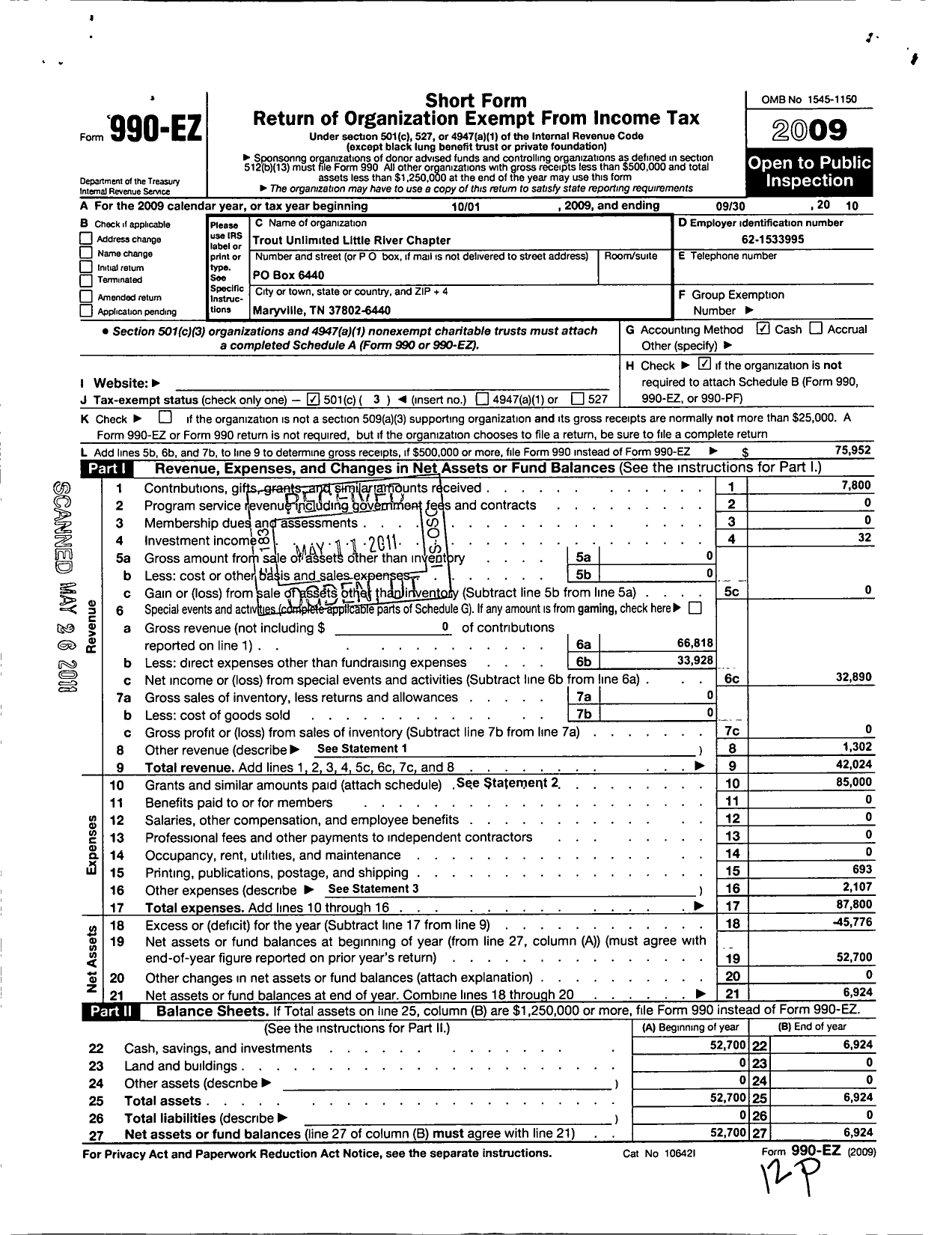 Image of first page of 2009 Form 990EZ for Trout Unlimited - 644 Little River