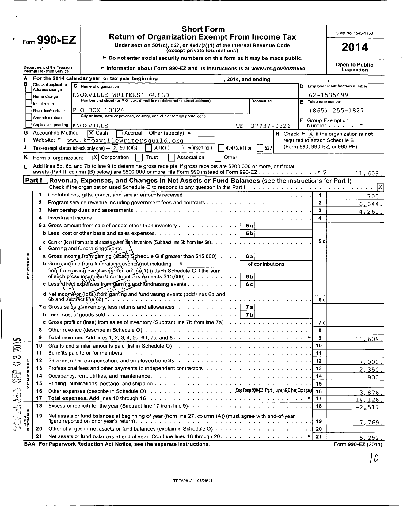 Image of first page of 2014 Form 990EZ for Knoxville Writers Guild