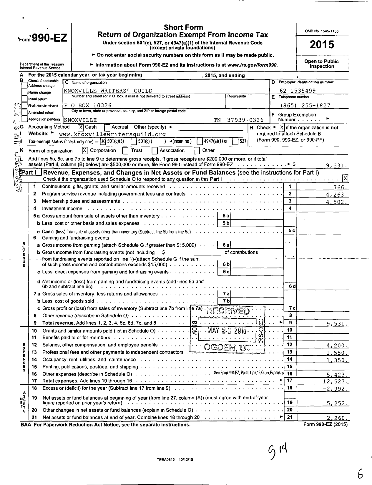 Image of first page of 2015 Form 990EZ for Knoxville Writers Guild