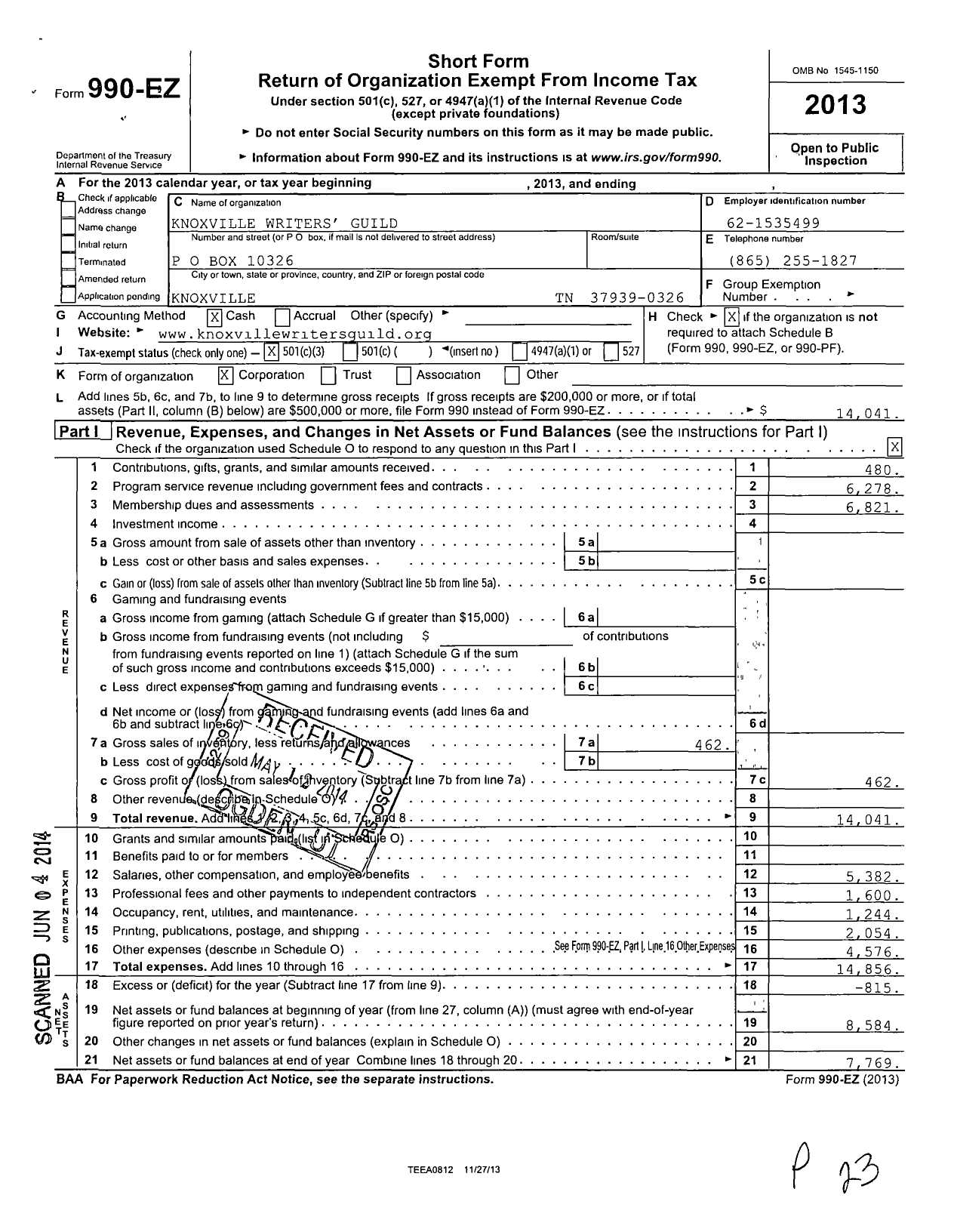 Image of first page of 2013 Form 990EZ for Knoxville Writers Guild