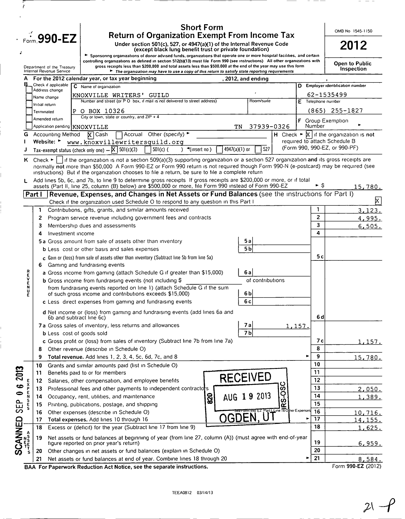 Image of first page of 2012 Form 990EZ for Knoxville Writers Guild