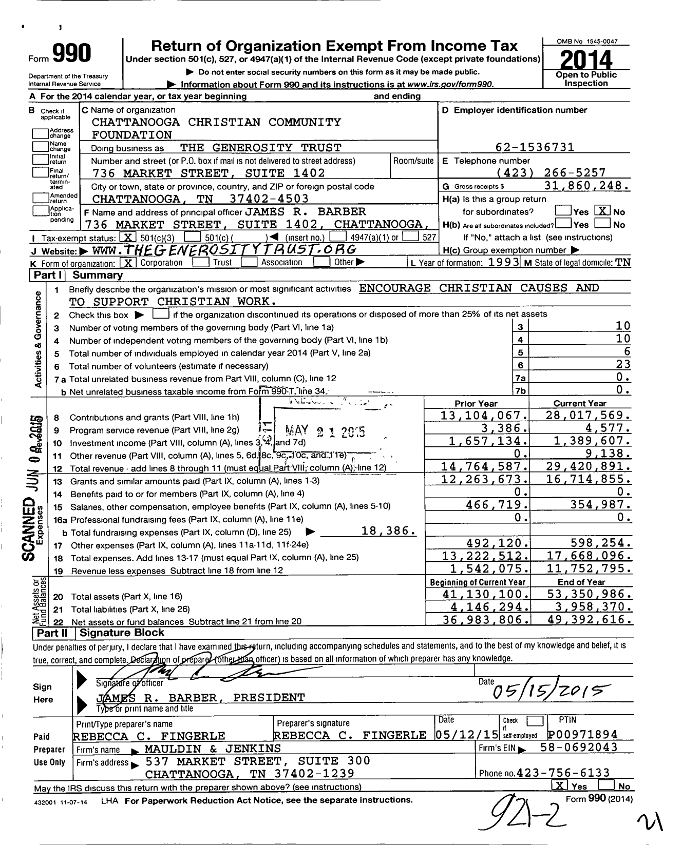 Image of first page of 2014 Form 990 for The Generosity Trust